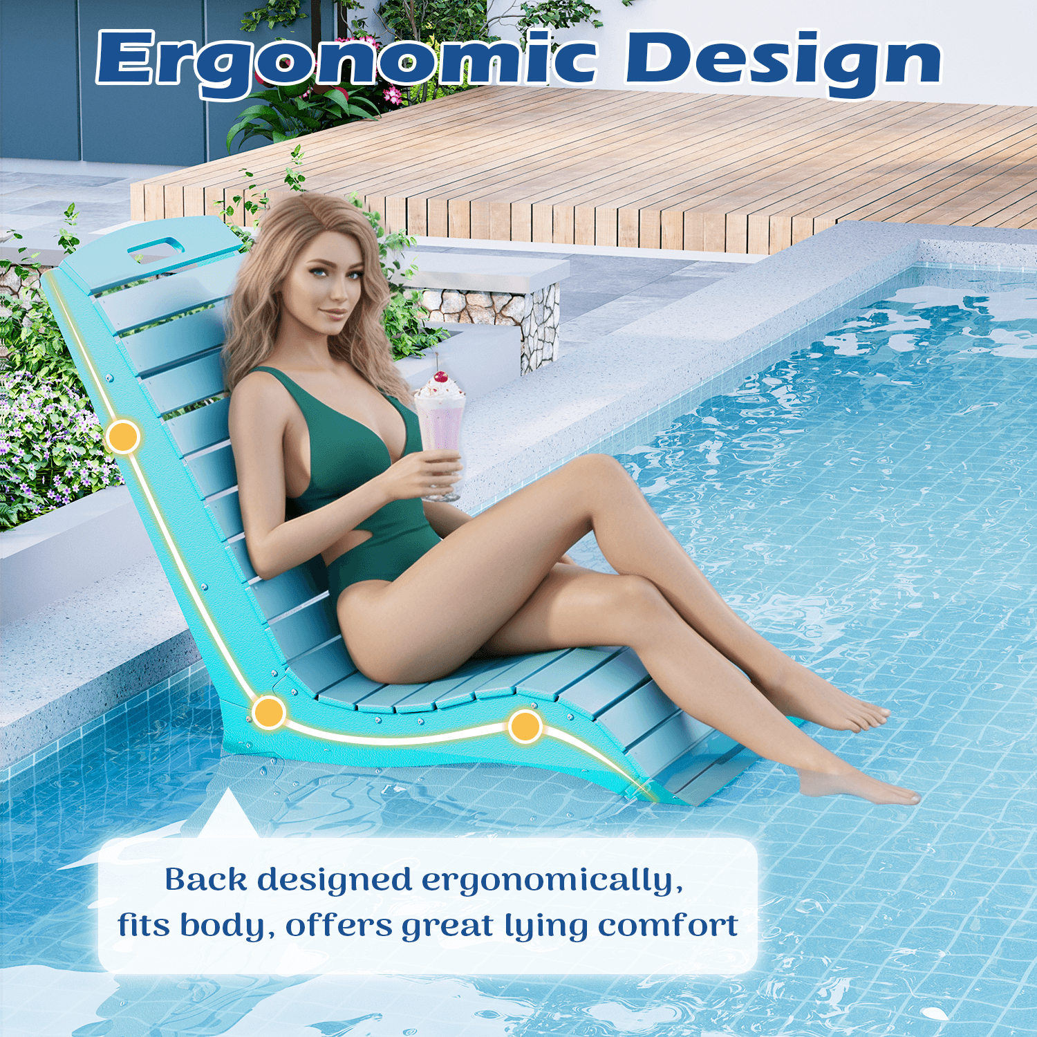 HOMREST HDPE Pool Lounge Chairs Set of 2, In-Pool Chaise with Wheels, S-Shaped, Blue