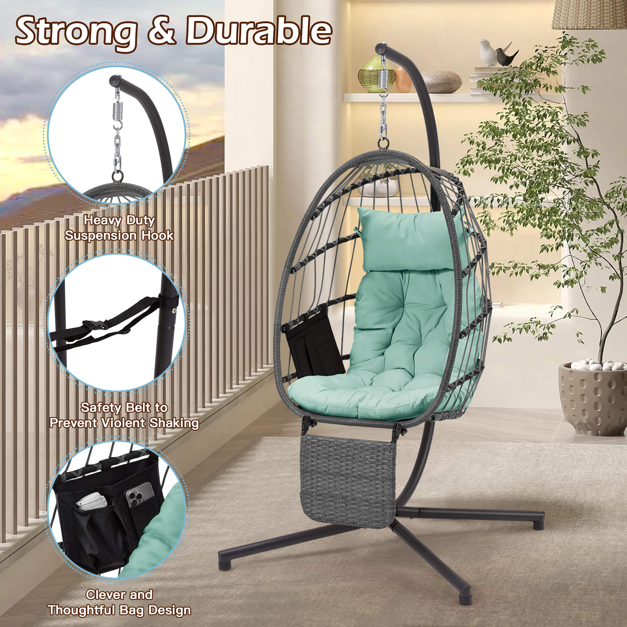 HOMREST Hanging Egg Chair with Stand & Removable Leg Rest, Hammock Chair for Patio, Bedroom, Light Green/Gray