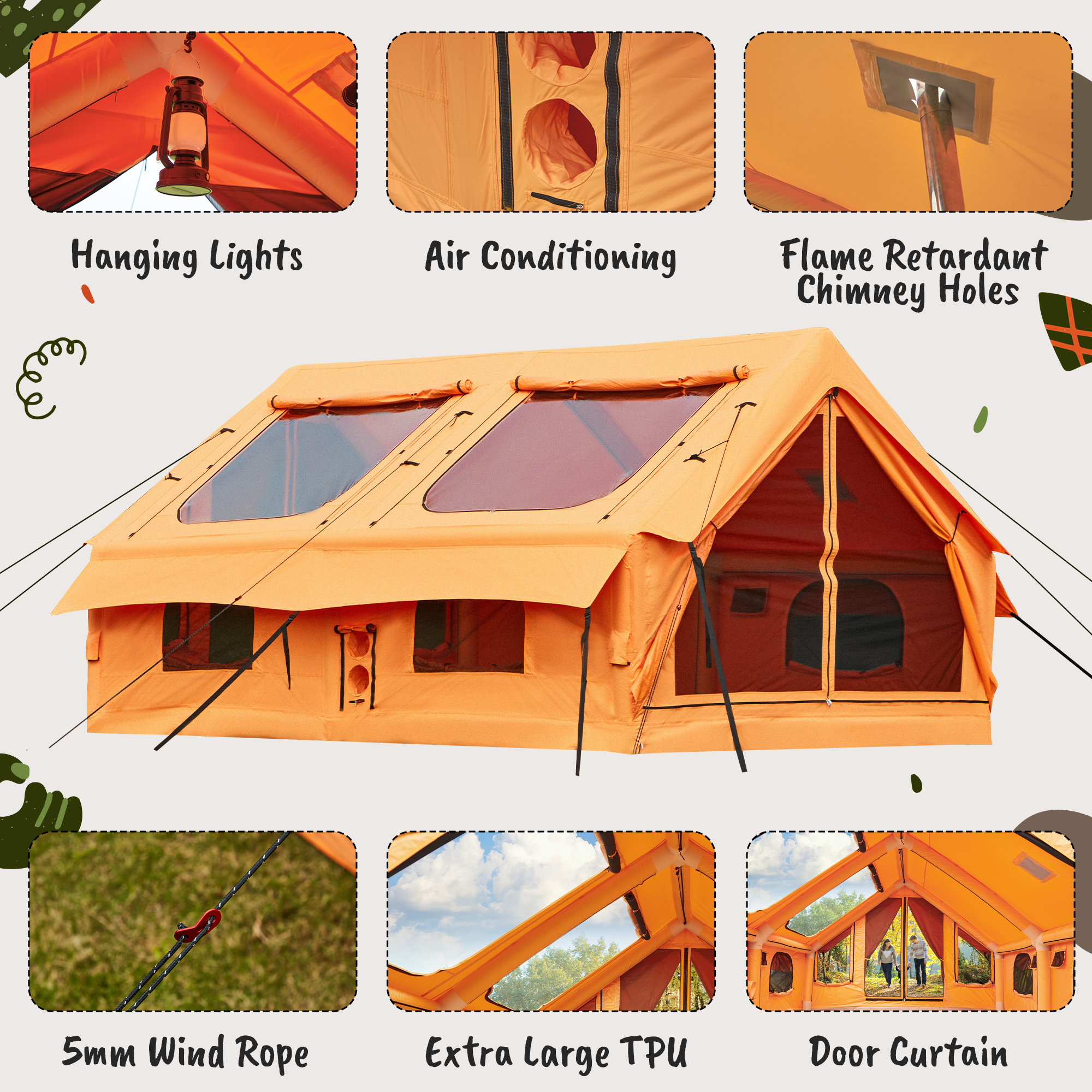 EROMMY 8-10 Person Inflatable Tent with Chimney Opening, Orange - 9.8x13x7.2ft-Erommy