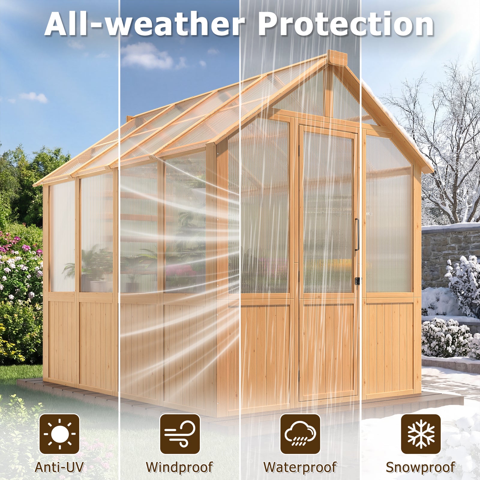 HOMREST 6x8 FT Wooden Greenhouse for Outdoors, Walk-in Greenhouse Kit with 4mm Polycarbonate Panels, Adjustable Roof Vent, Lockable Door, Outdoor Greenhouse for Backyard Garden