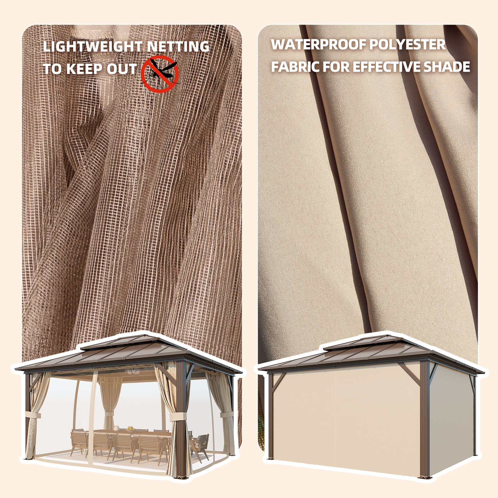Homrest 12' x 14' Hardtop Gazebo, Outdoor Gazebo with Polycarbonate Vertical Stripe Double Canopy, Aluminum Gazebo with Netting and Curtains for Patios