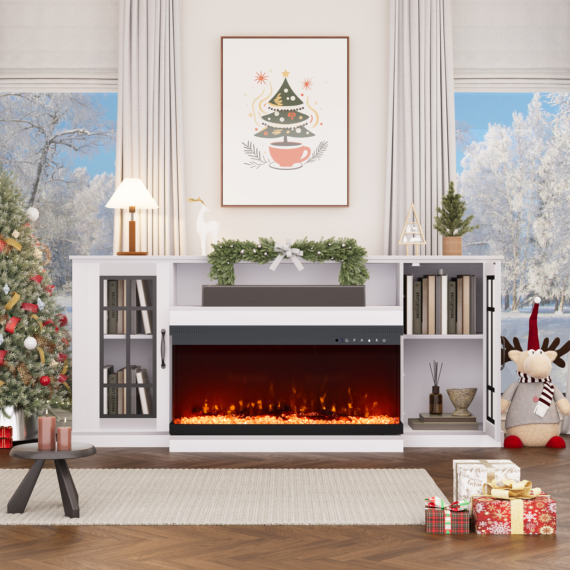 HOMREST 70" 3 Sided Glass Fireplace TV Stand, Modern Media Console with 12 Color Flames,White
