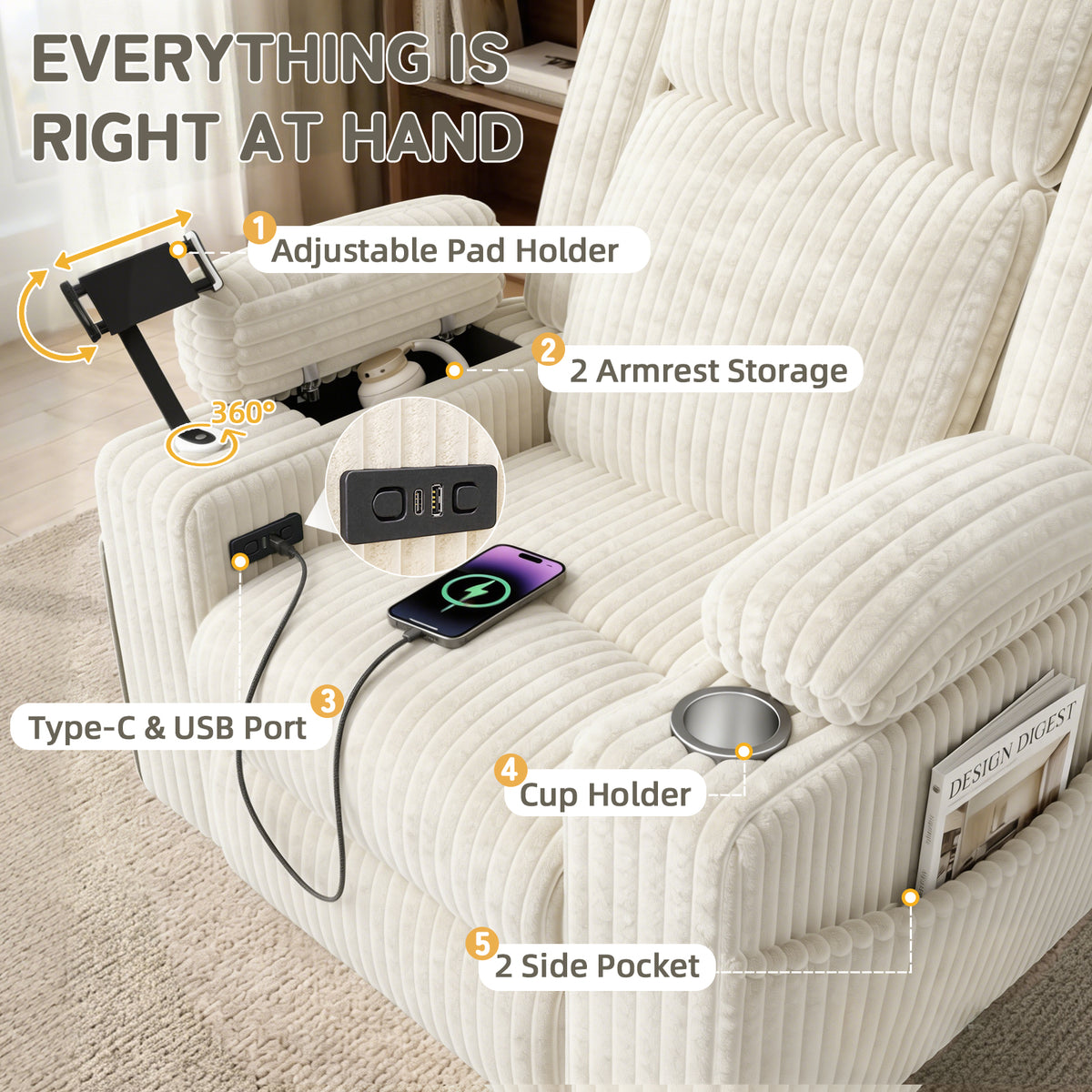 HOMREST Power Oversized Swivel Rocker Recliner with Massage and Heat, Nursery Rocking Chairs for Living Room, Beige