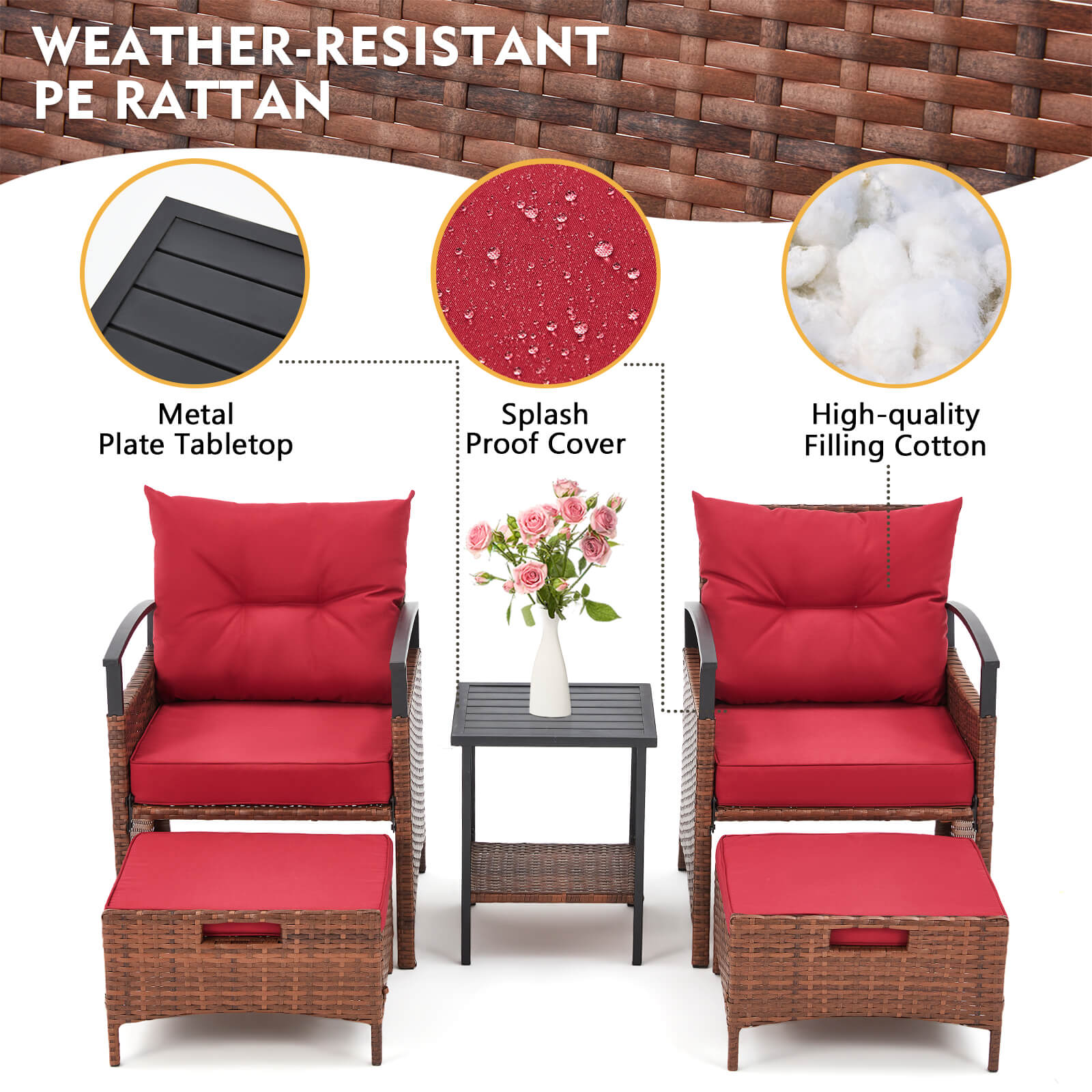 HOMREST 5 Pieces Patio Furniture Set, Outdoor Rattan Chairs with Metal Coffee Table, Ottomans & Soft Cushions, Wicker Conversation Bistro Set for Garden, Porch, Deck, Balcony, Red