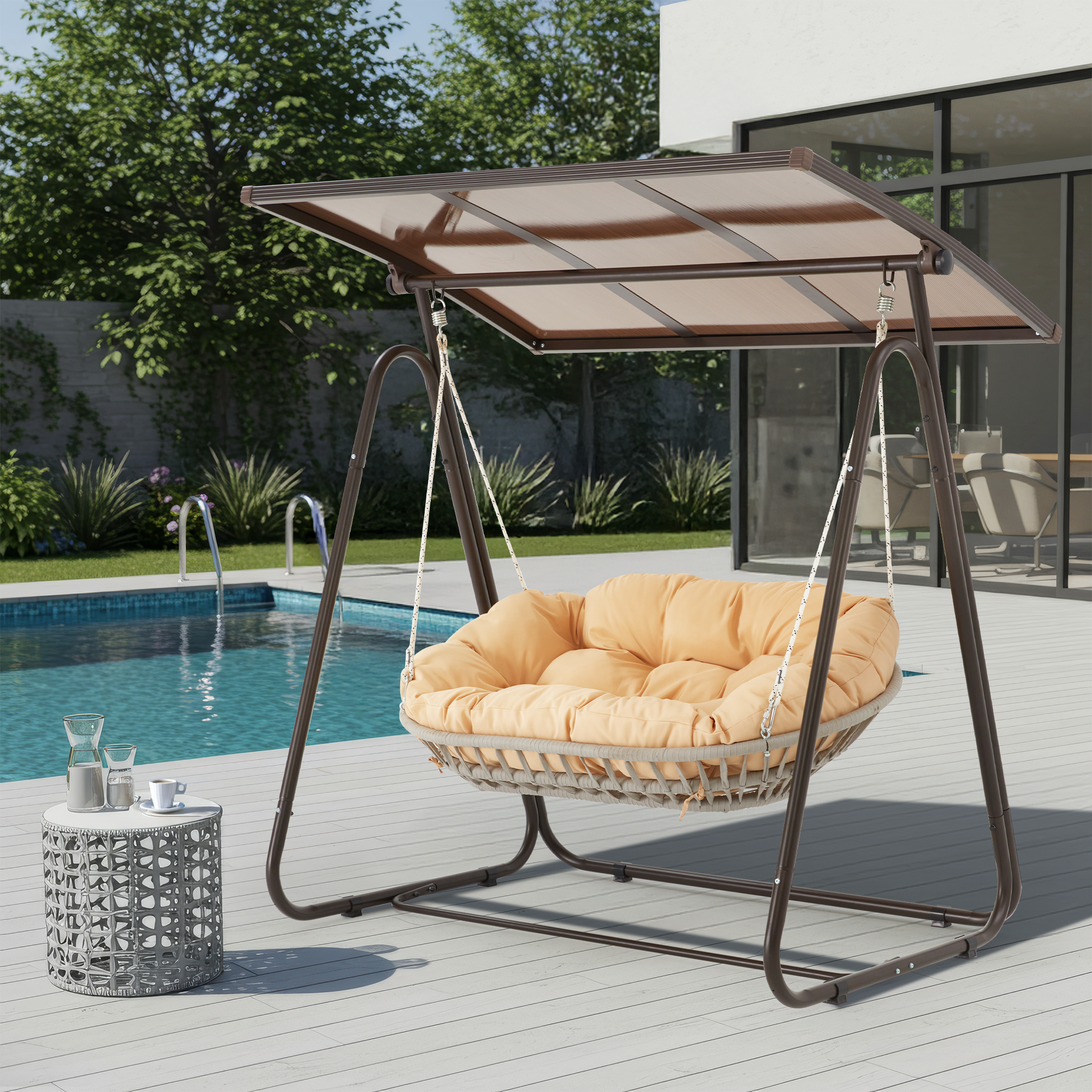 HOMREST 2-Seat Patio Swing Chair with Adjustable Canopy, Beige