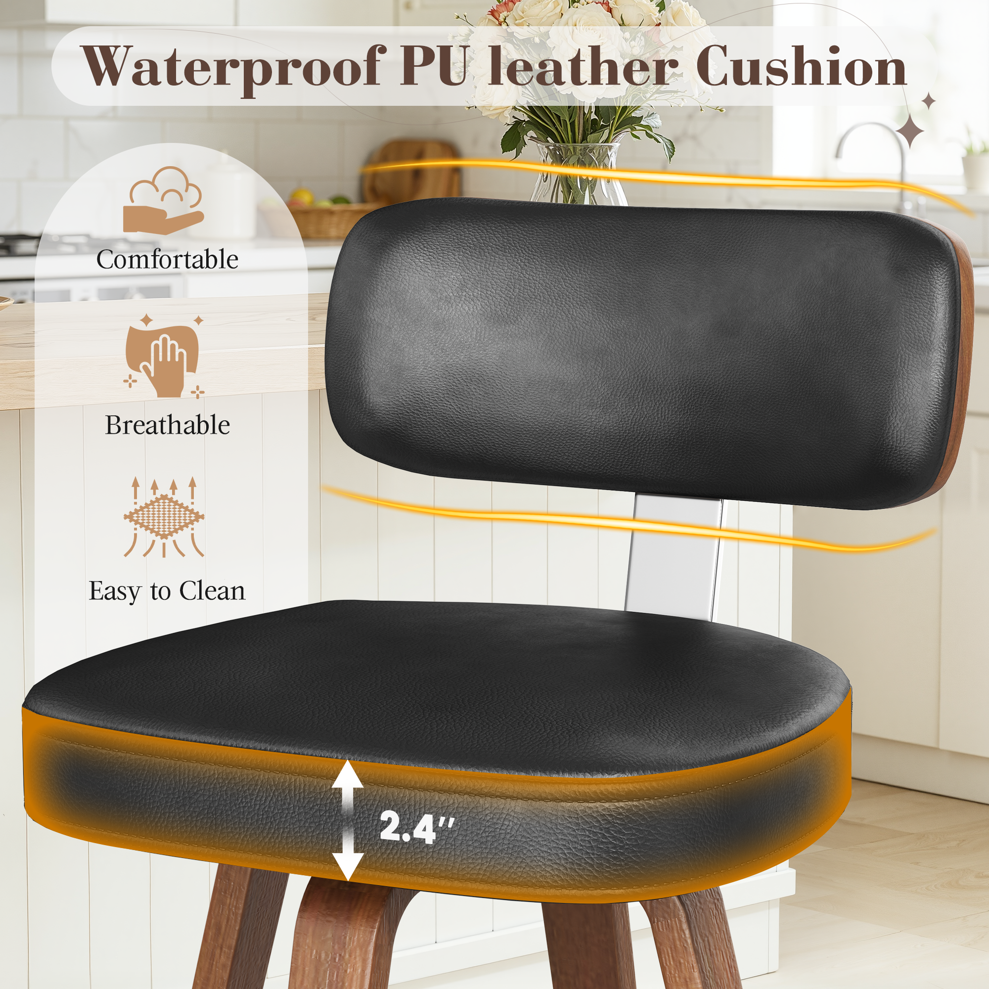 HOMREST Swivel Upholstered Counter & Bar Stool With Curved Back, Mid Century Modern Bar Chair With Solid Wood Frame And Metal Footrest (set Of 2), Black