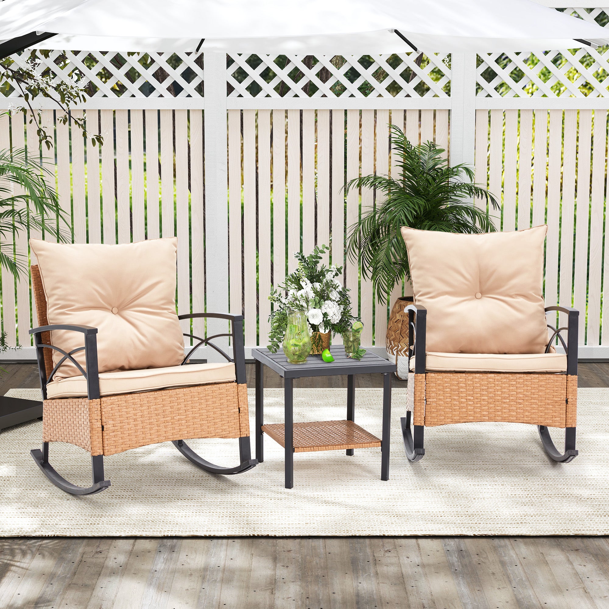 HOMREST 3-Piece Bistro Set: Outdoor Rattan Rocking Chairs with Cushions and Coffee Table