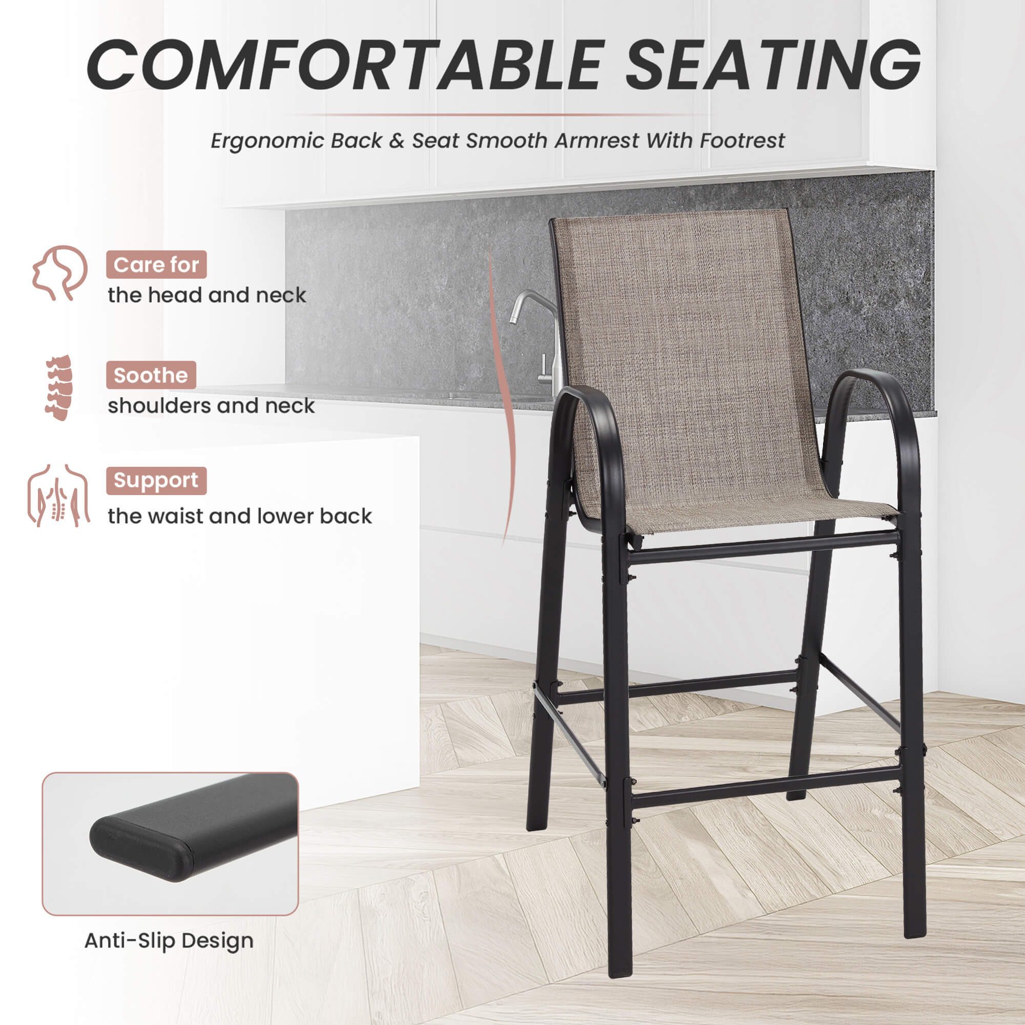 HOMREST Outdoor Bar Height Stools Set of 4, High Back Patio Chairs with Armrests,Textilene Chairs with Breathable Fabric & Metal Frame, Taupe