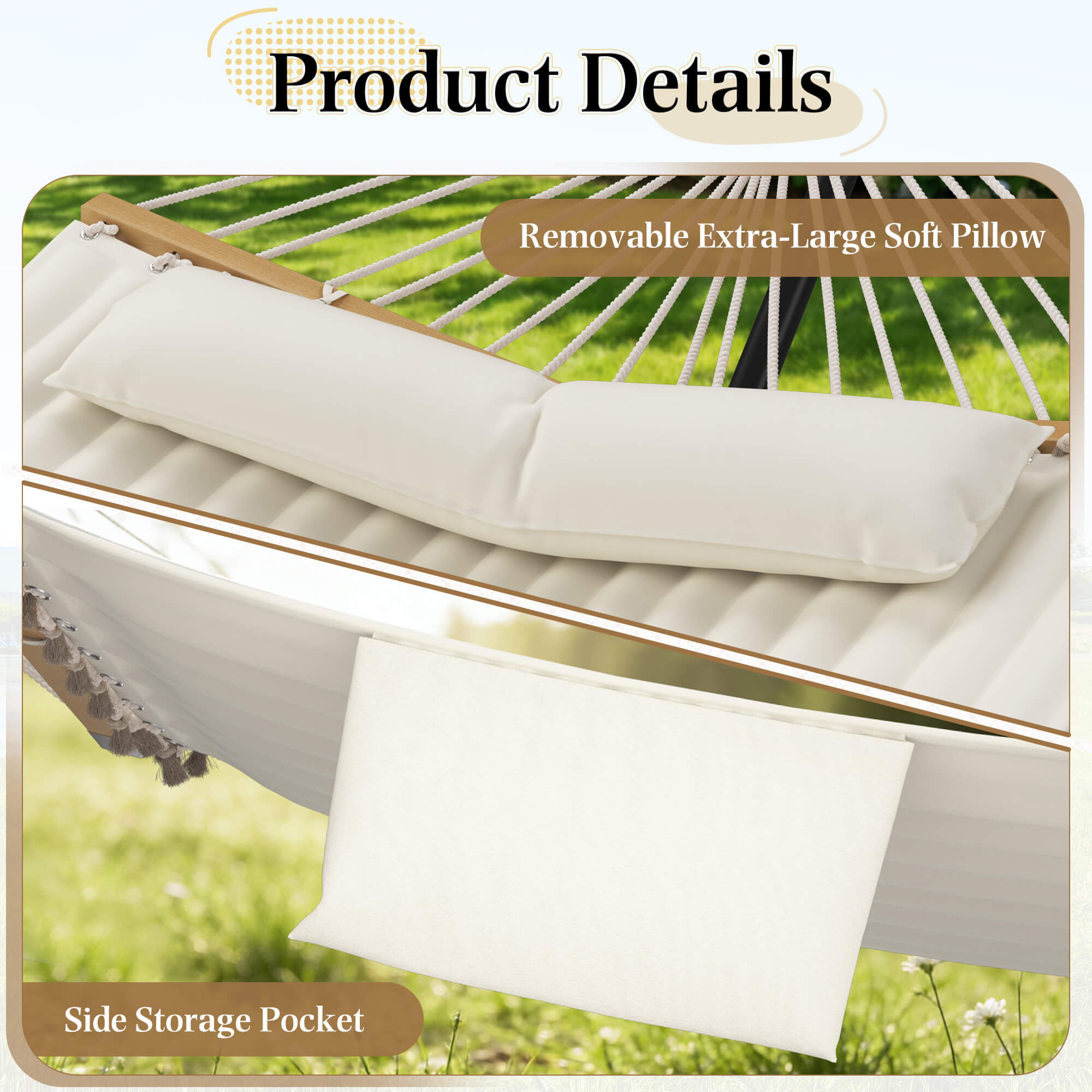 HOMREST Modern Rope Hammock with Stand, Portable Outdoor Hammock for Backyard, Beach & Camping, Off-White