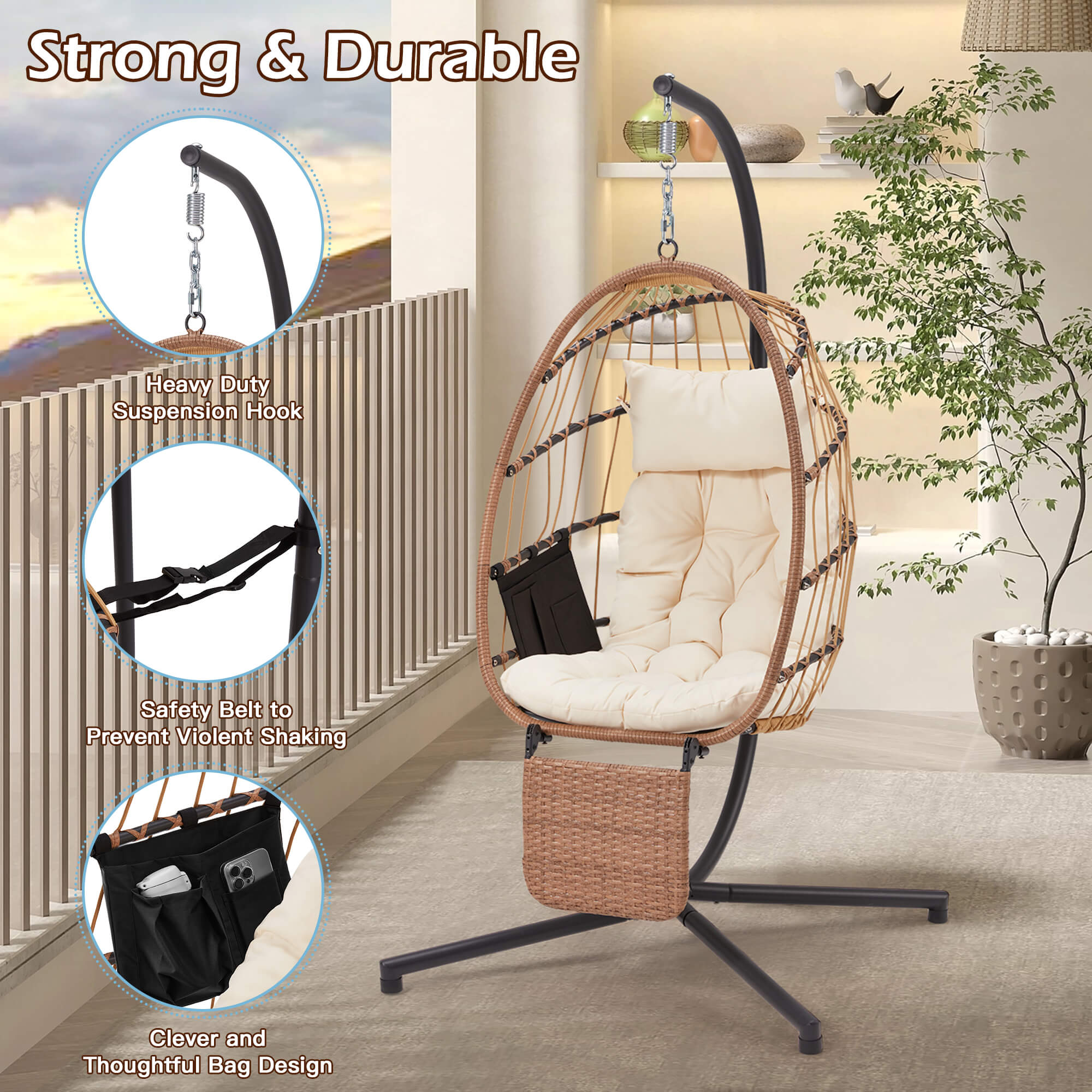 HOMREST Hanging Egg Chair with Stand & Removable Leg Rest, Hammock Chair for Patio, Bedroom, Beige/Natural