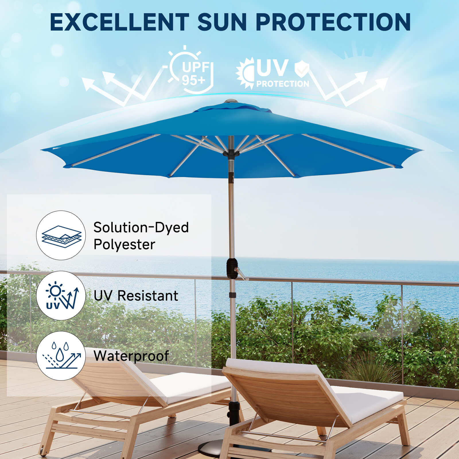 HOMREST 10FT Aluminum Outdoor Patio Umbrella with Push Button Tilt Function, Royal Blue