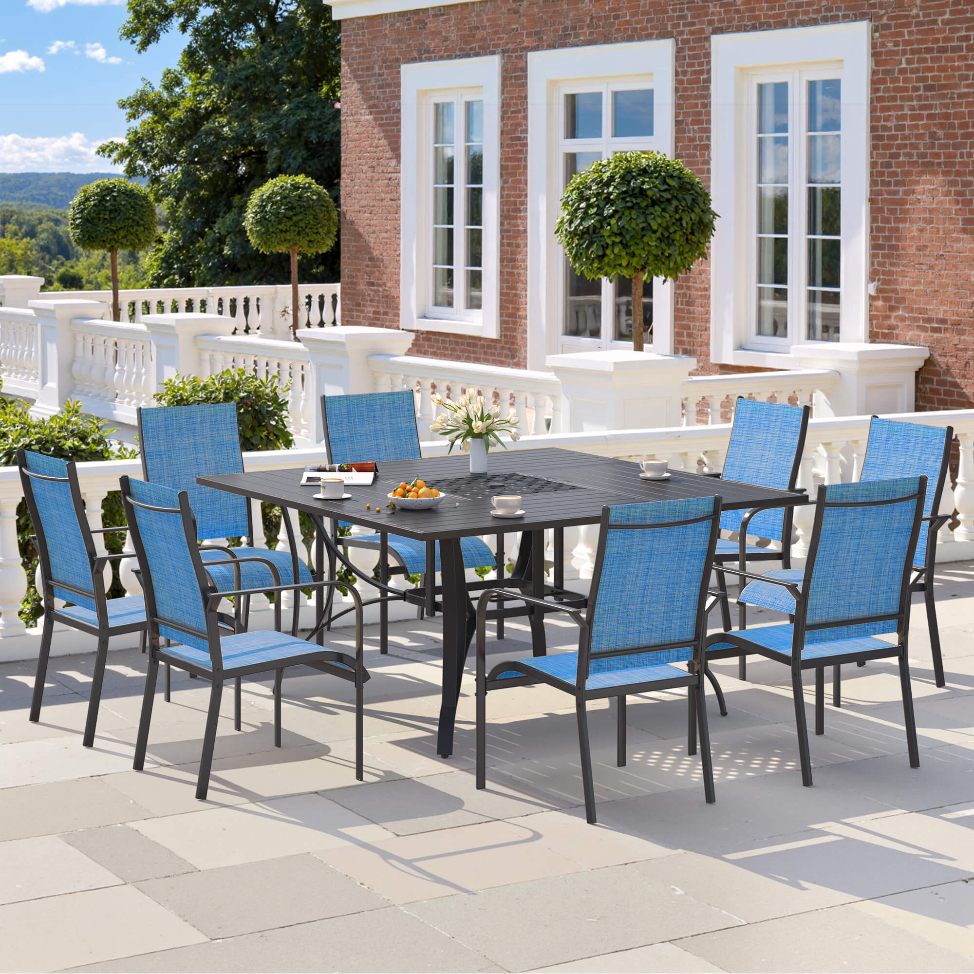HOMREST 9 Piece Patio Dining Set, Outdoor Dining Table And Chairs Set For 8, 8 PVC-coated polyester Chairs, 1 Iron Square Table With Adjustable Umbrella Hole (1.57"-1.97"), Blue