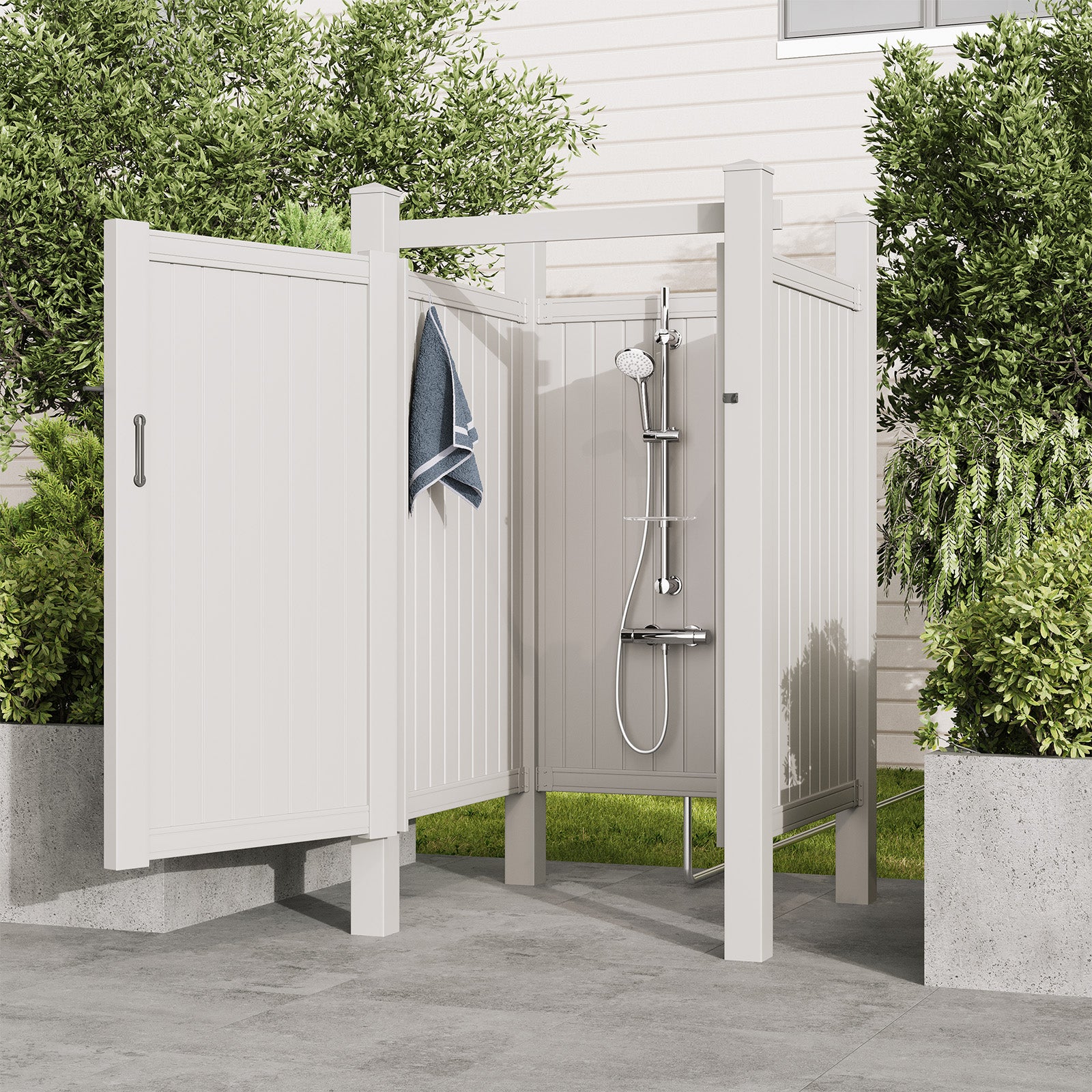 HOMREST 80.75"H x 45.75"W x 45.75"L White PVC Outdoor Shower Enclosure with Door, Weatherproof Privacy Stall for Pool & Beach, Durable Vinyl Construction（Flat-panel）