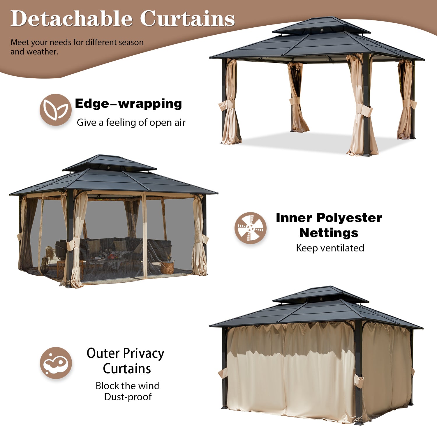 Homrest 12' x 14' Hardtop Gazebo with Curtains and Netting,  Anti-Rust Coating Frame