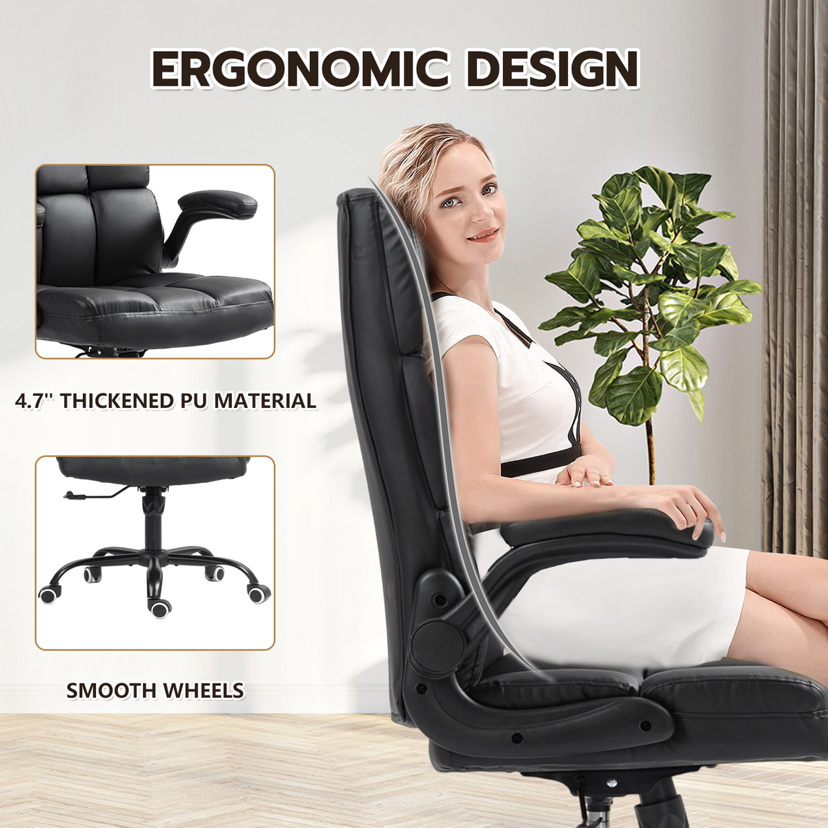 HOMREST Executive Office Chair, PU Leather Ergonomic Desk Chair, Black