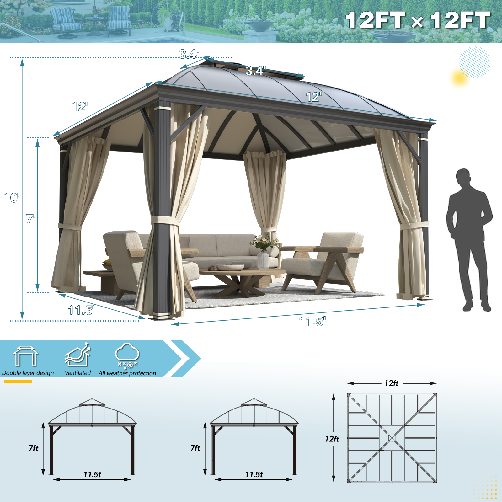 Homrest 12' x 12' Hardtop Gazebo, Permanent Outdoor Aluminum Patio Gazebo with Aluminum Composite Double Arc Roof, Curtains and Netting Included