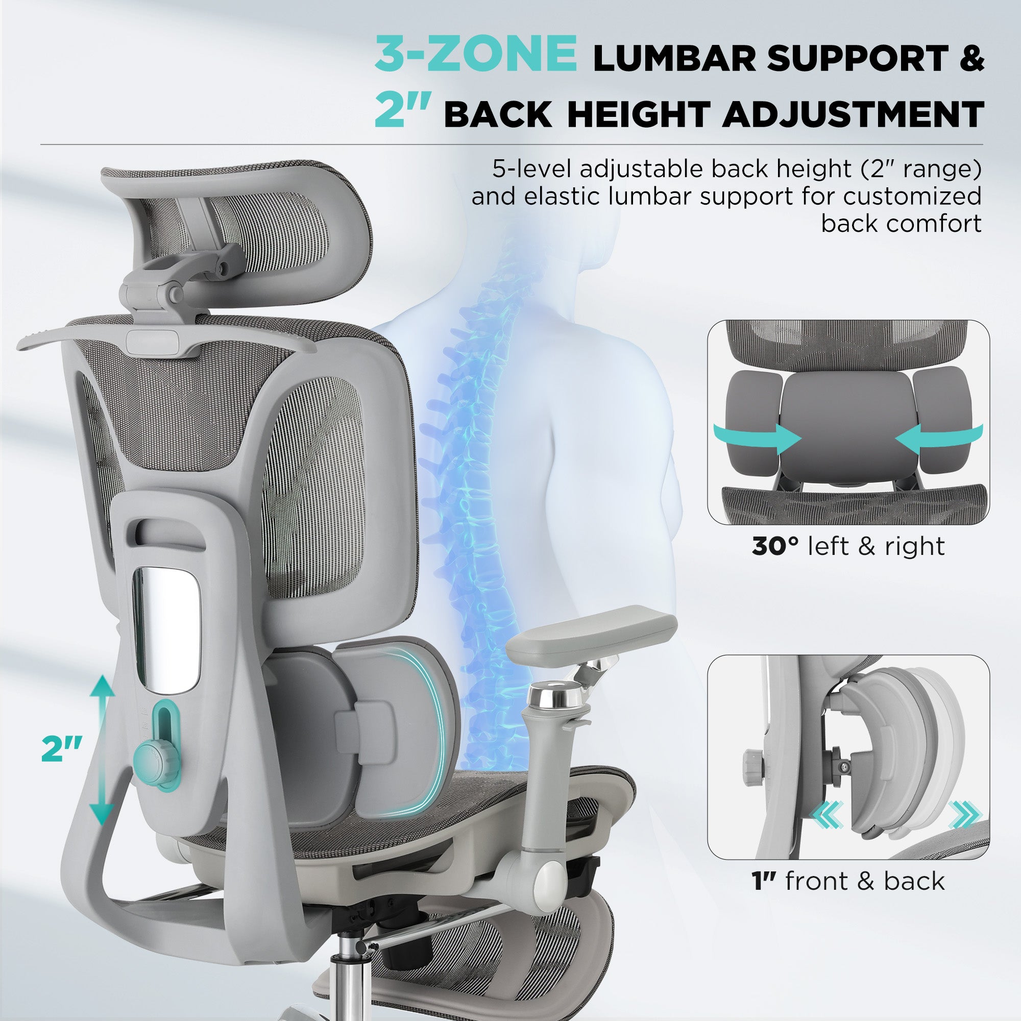 HOMREST Ergonomic Office Chair with 3-Zone Dynamic Lumbar Support, Big and Tall Mesh Office Chair with Footrest, Adjustable Seat Depth,4D Headrest,6D Armrests, Swivel Executive Chair for Home Office, Grey