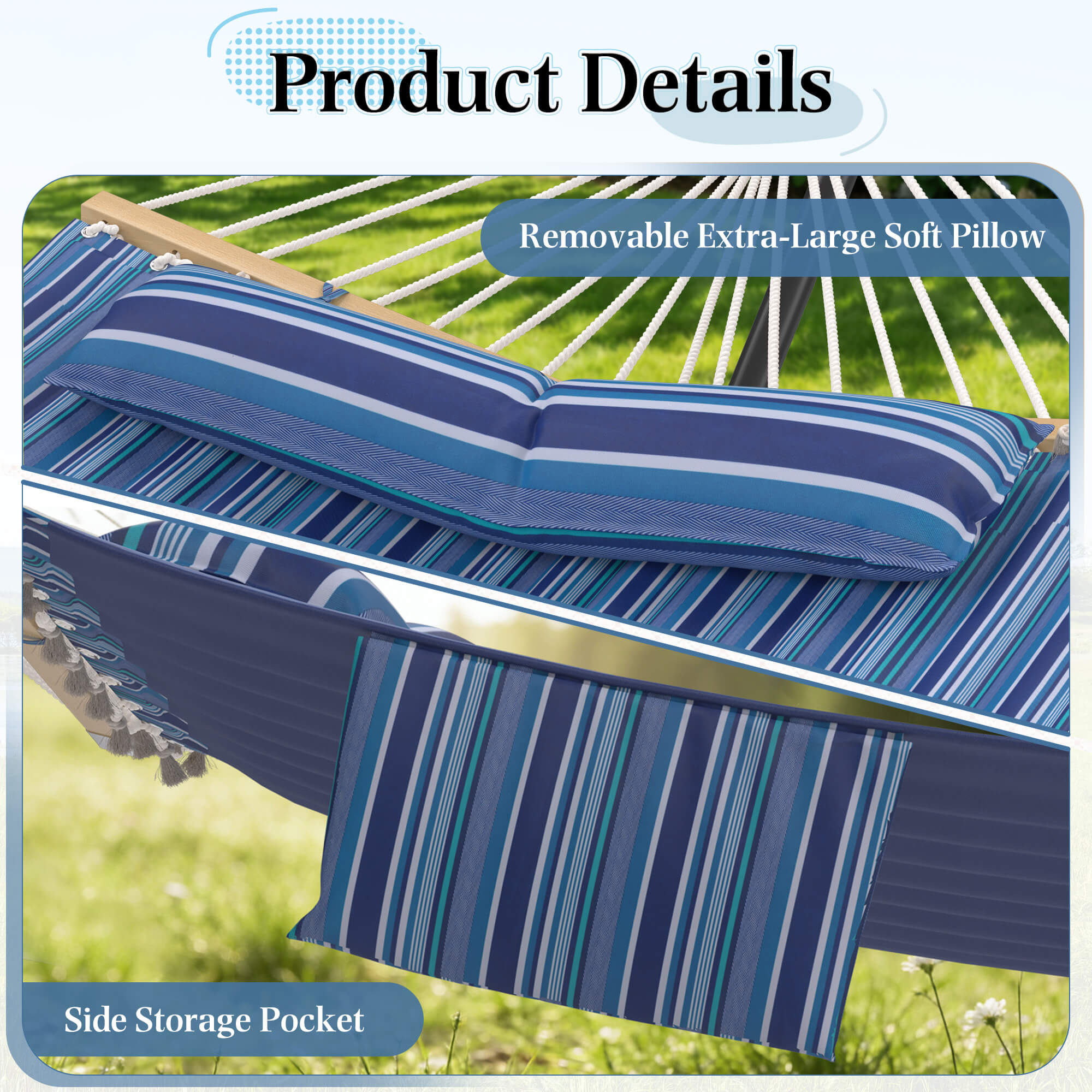 HOMREST Modern Rope Hammock with Stand, Portable Outdoor Hammock for Backyard, Beach & Camping, Blue Stripes
