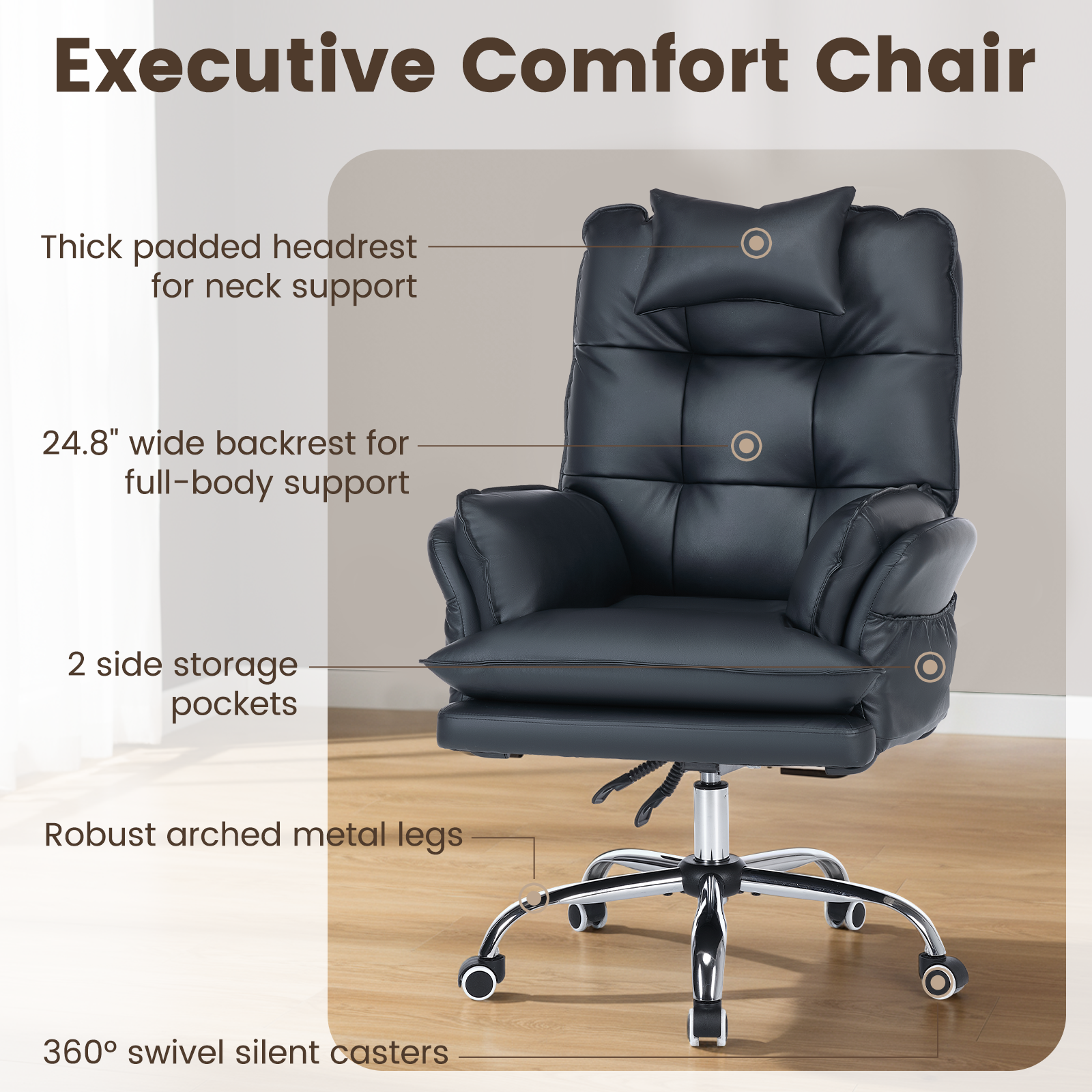 HOMREST Criss Cross Chair with Wheels, Big and Tall Velvet Office Chair Reversible Armrest and Wide Seat, Comfy, Black