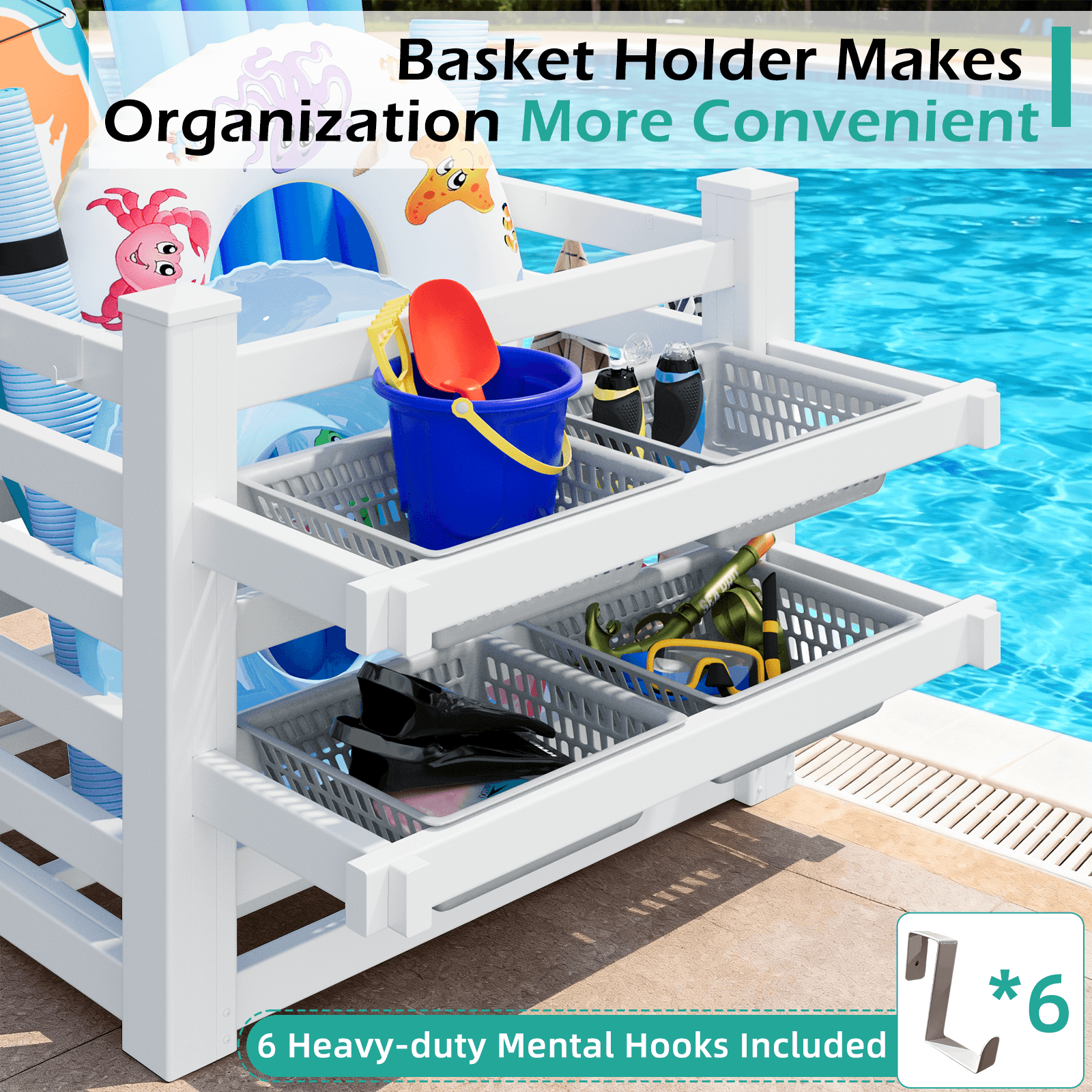 HOMREST 64" W x 46" L x 38" H Pool Storage Organizer with Hooks, Waterproof Float Storage Bin, White
