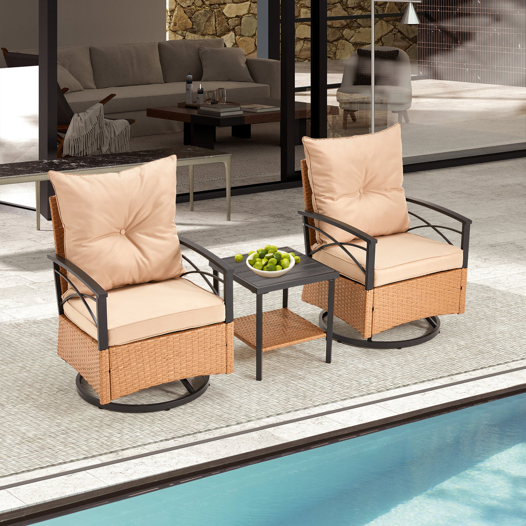 HOMREST 3-Piece Patio Swivel Rocker Set with Rattan Coffee Table, Beige