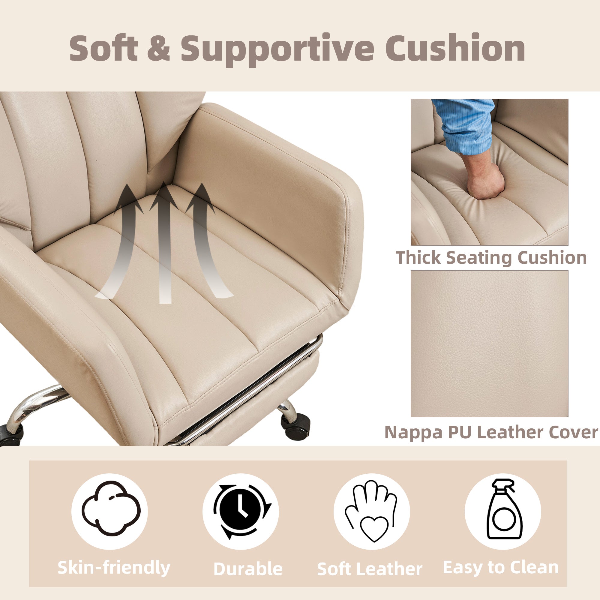 HOMREST Ergonomic Home Office Chair with Flip-Up Armrests, 135° Reclining Computer Desk Chair, Nappa PU Leather, Beige