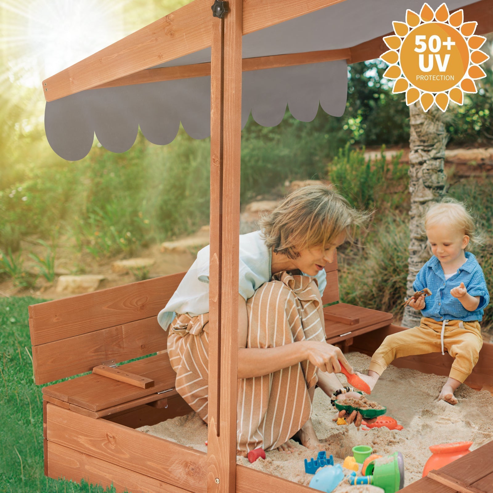 Homrest Kids Sandbox with Cover, Height Adjustable Roof, Foldable Bench Seats for Aged 3-8, Wooden Outdoor Kids Sandbox, Sand Protection Line