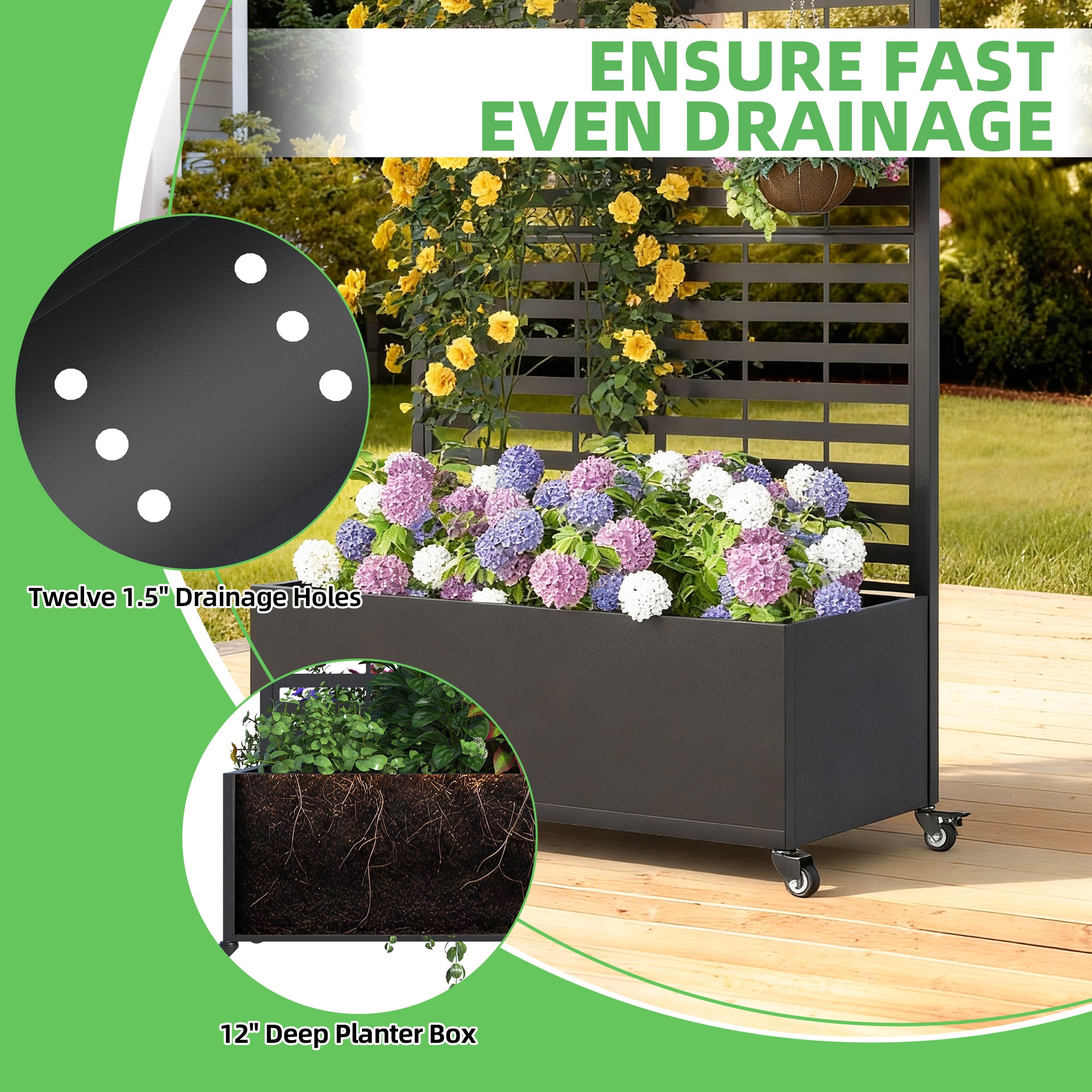 HOMREST Metal Planter Box with Trellis, 73"x 35"x 16" Raised Garden Bed with Wheels and Drainage Holes, Planter with Trellis for Garden, Balcony and Patio, Black Louvered