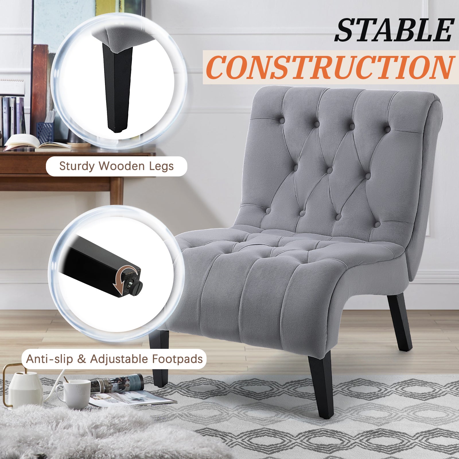 HOMREST Armless Accent Chair, Upholstered Button Tufted Living Room Chairs with Wood Legs, Comfy Frosted Velvet Lounge Chair Reading Chair for Bedroom, Grey