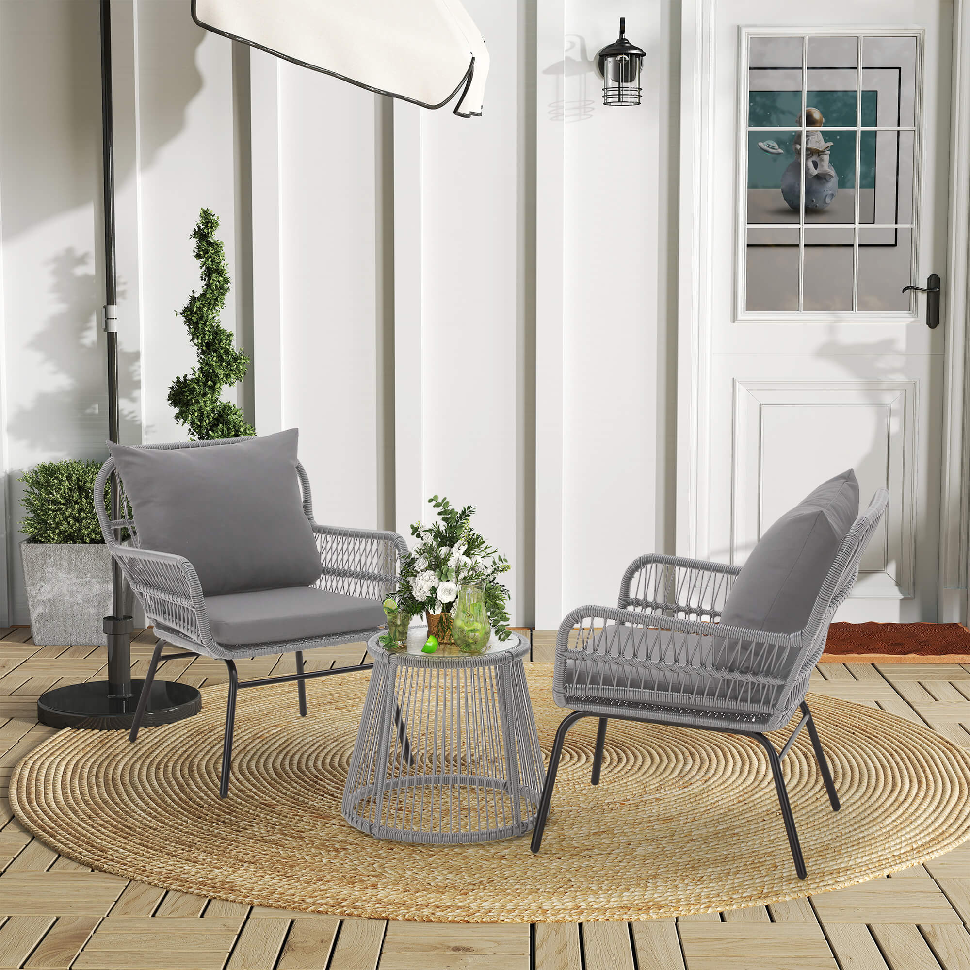 HOMREST 3-Piece Patio Bistro Set with Glass Top Table & 2 Ergonomic Armchairs, Black, Gray