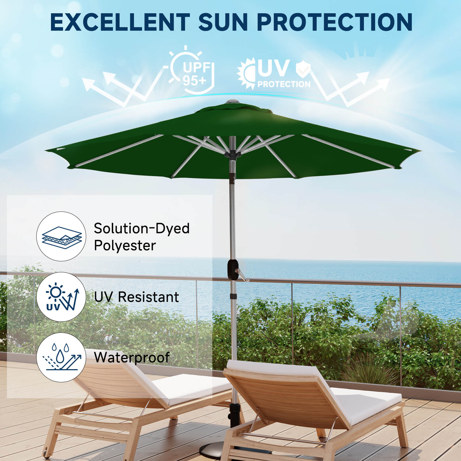 Homrest 9FT Aluminum Patio Umbrella, Fade-Resistant with Push Tilt, 8 Sturdy Aluminum Ribs ,Green
