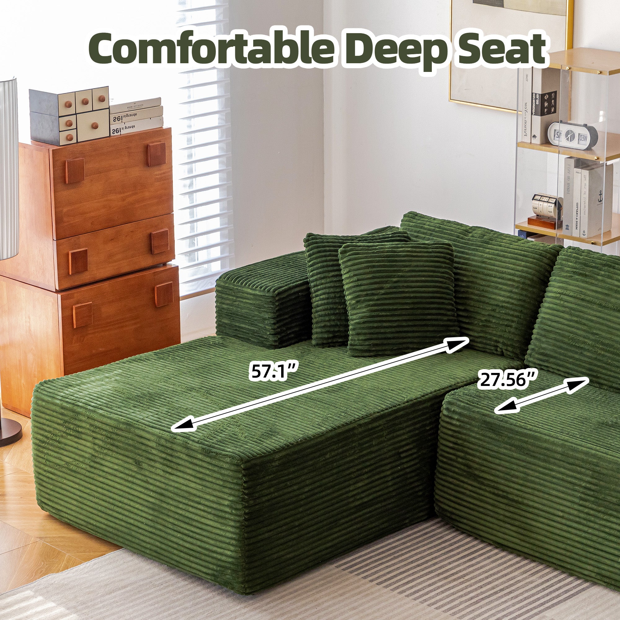 HOMREST 106 inch Cloud Sectional Couch with Chaise Lounge for Living Room Bedroom Apartment, Corduroy Fabric, Green