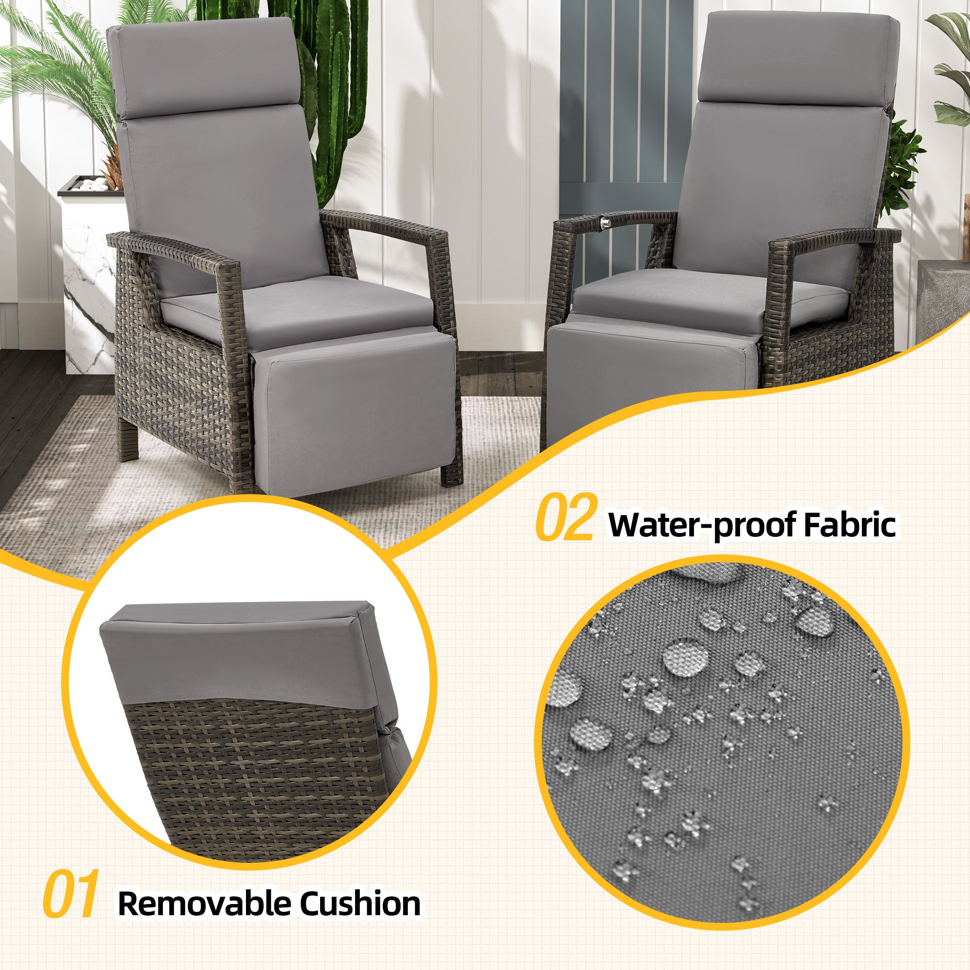 HOMREST Outdoor Recliner Chair Set of 2, up to 150°with Removable Cushion, Grey