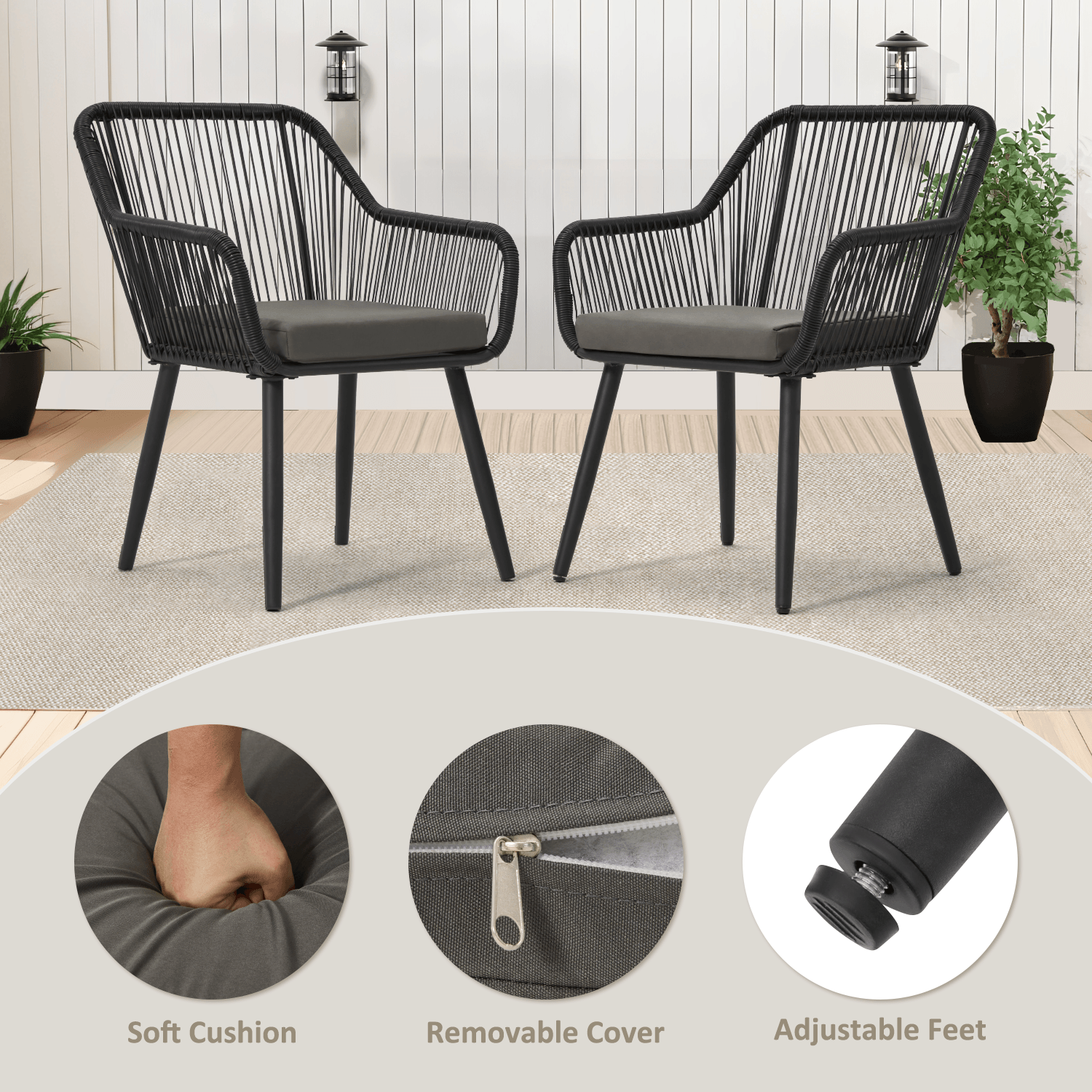 HOMREST Patio Wicker Dining Chairs Set of 2, Rattan Chairs w/ Cushions & Armrests, Grey/Black