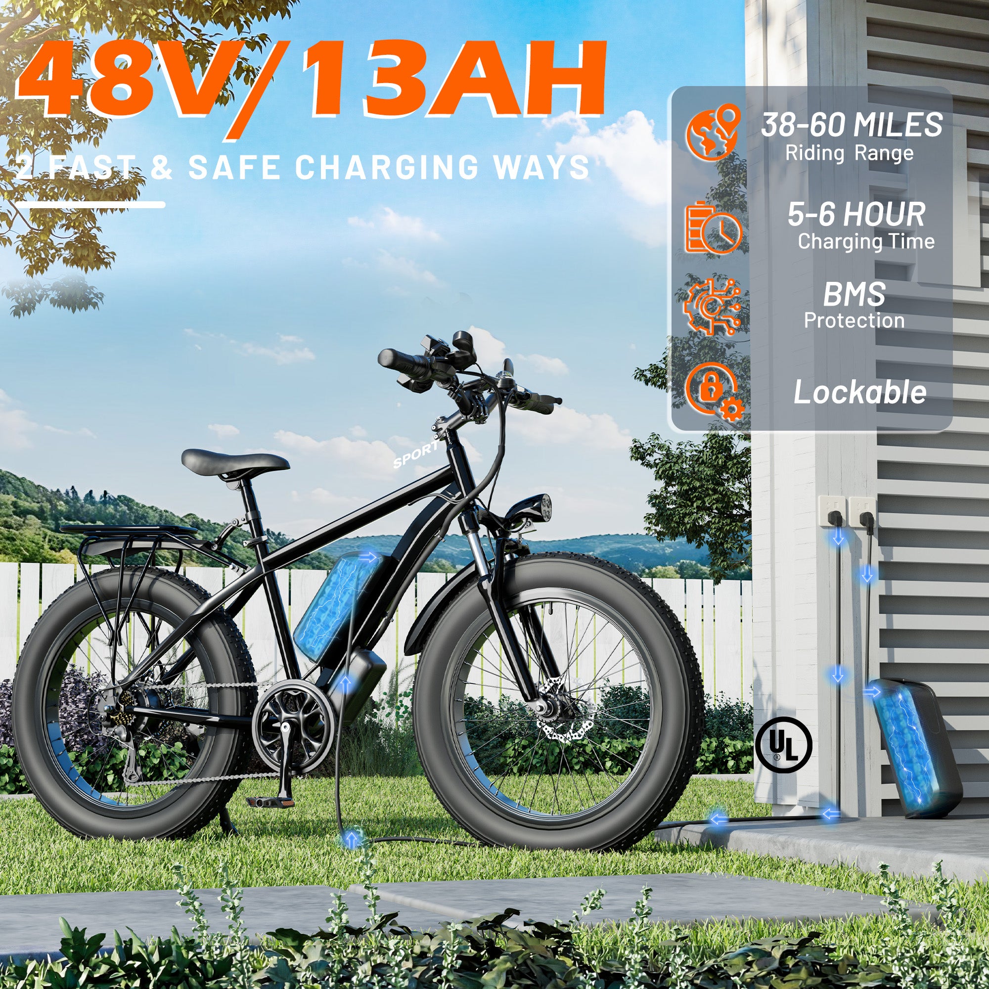 HOMREST Electric Bike for Adults,1500W Peak Motor, 26" Fat Tire E-Bike with 48V 13AH Battery, 25MPH Max 62 Miles Electric Motorcycle, 7-Speed Electric Mountain Bicycle