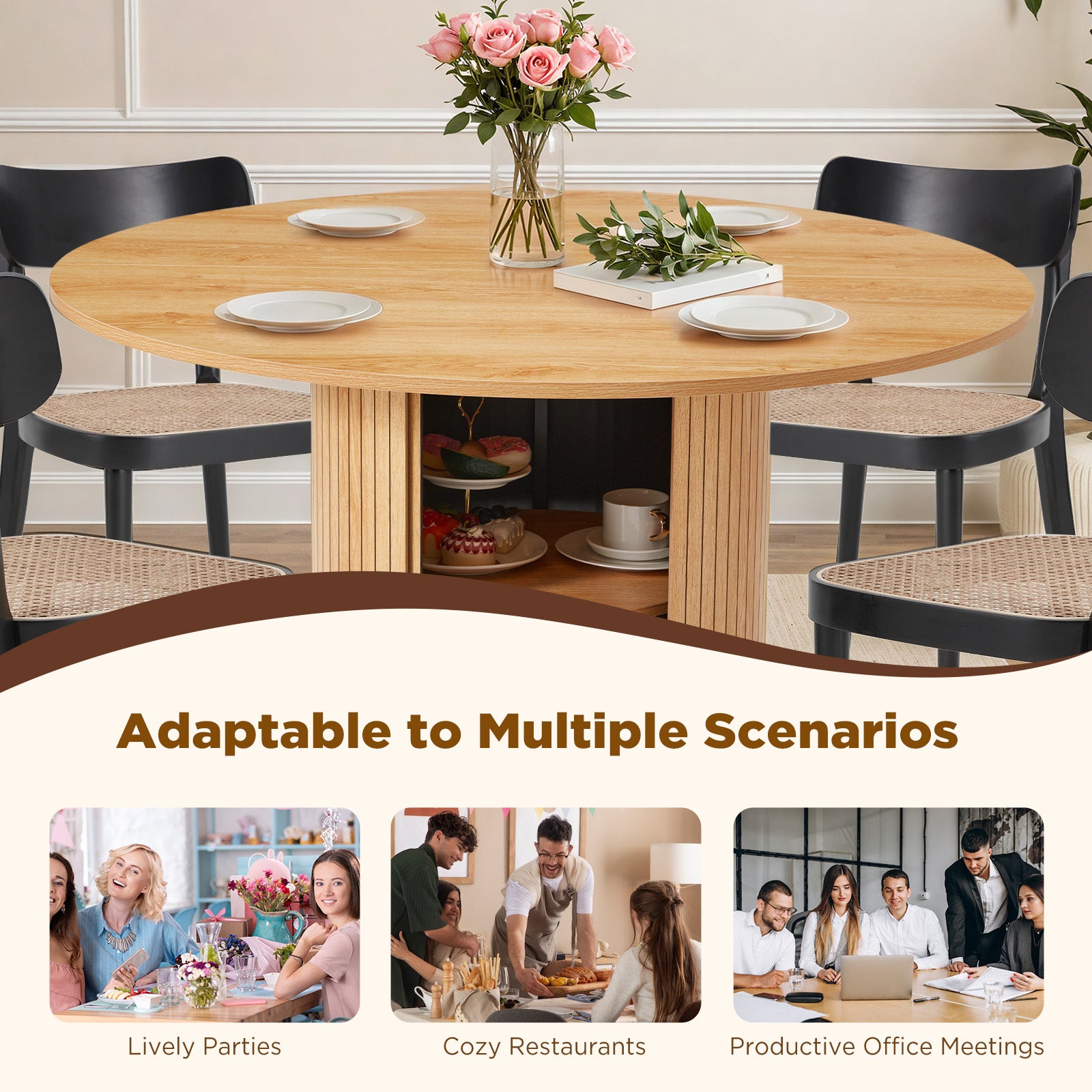 Homrest 47-inch Round Dining Table for 4-6, Farmhouse Circle Kitchen Table with 2-Layer Storage Shelf and Wood Slide Door, Modern Fluted Design Wooden Dining Desk for Dining Room, Natural