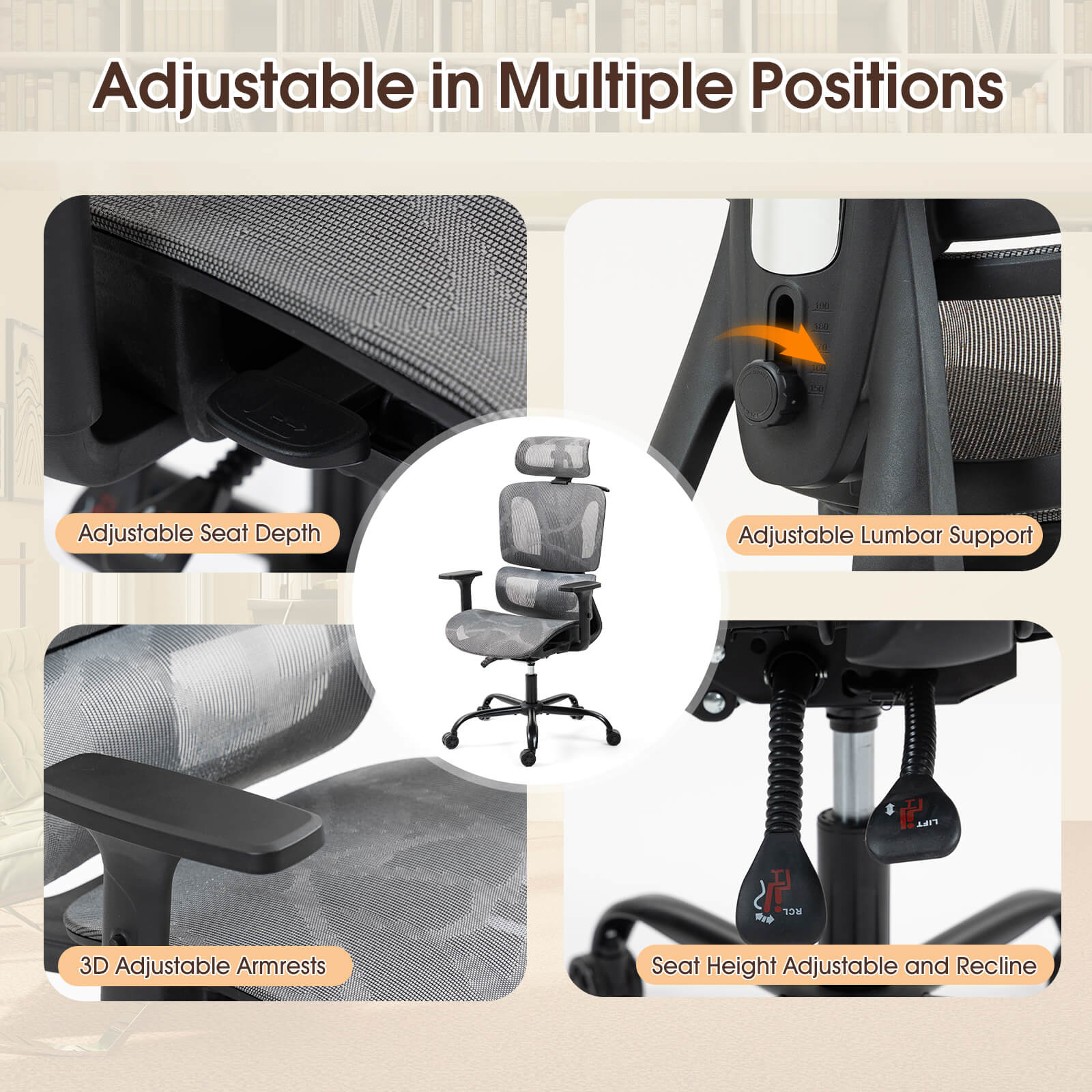 Homrest Ergonomic Mesh Office Chair with Adjustable Lumbar & Headrest – Grey