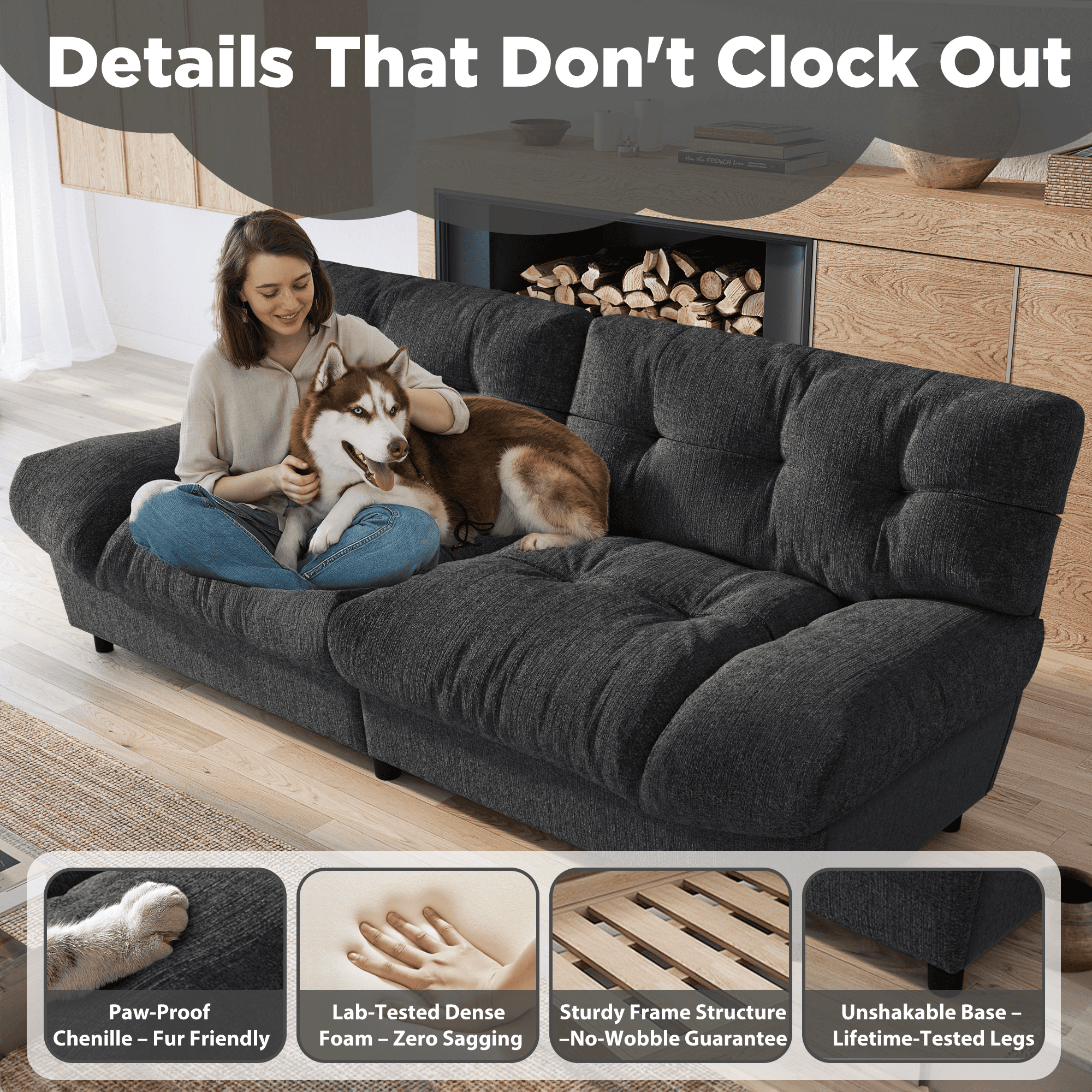 HOMREST 80 Inch Chenille Cloud Sofa Loveseat, Deep Seat Couch with Pillow Armrests, Dark Grey