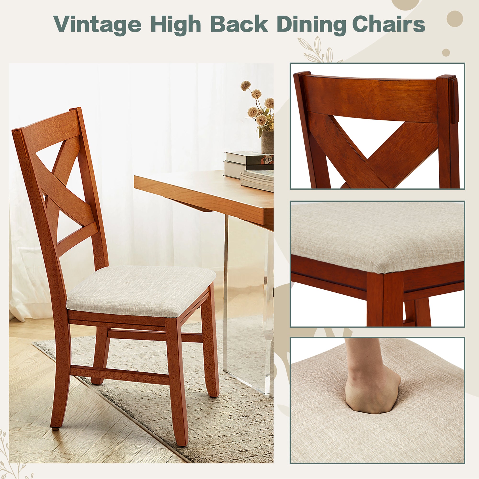 Rustic Farmhouse 19" Upholstered Barstool, Solid Wood Dining Chairs Set of 2 for Kitchen and Dining Room, Natural Oak Wood