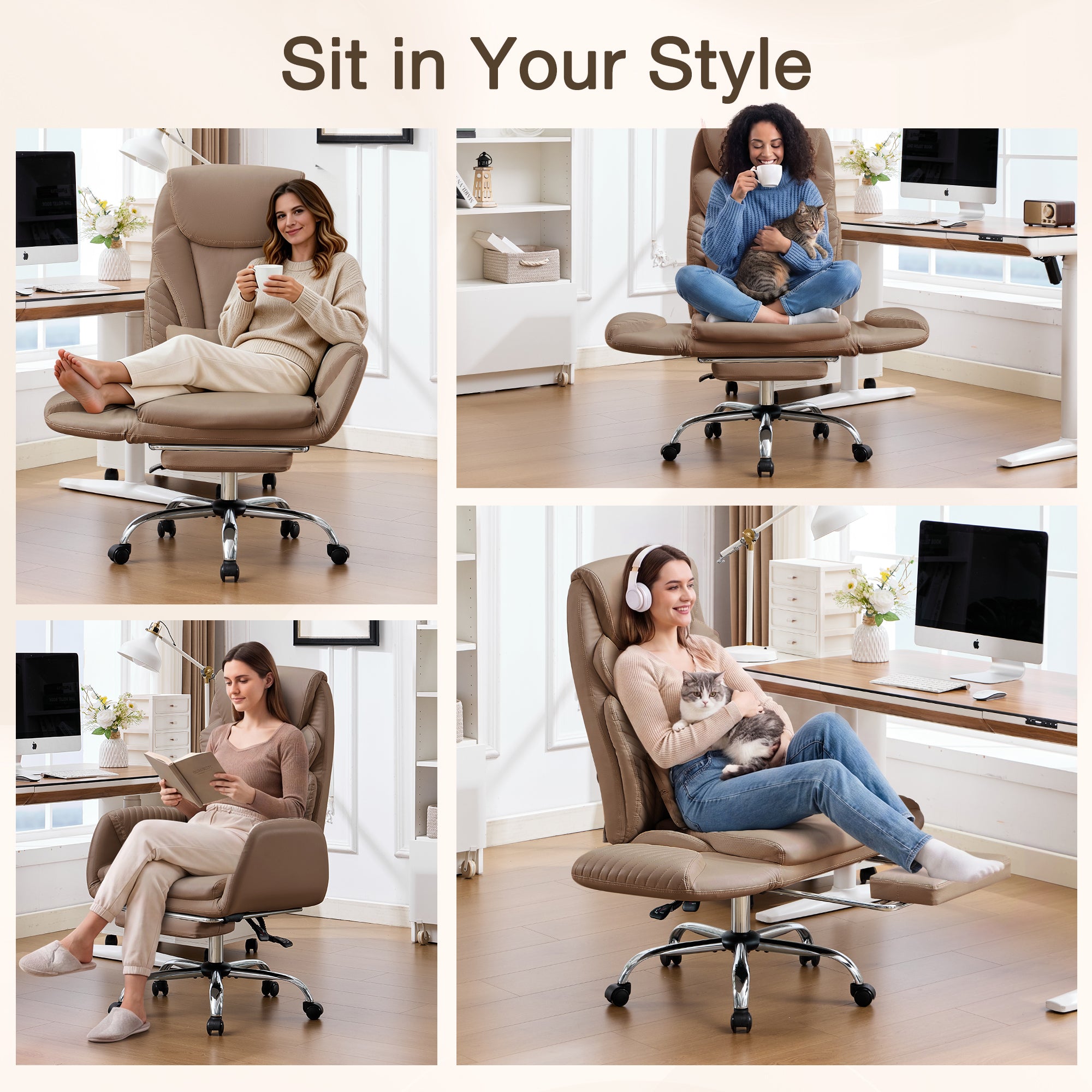 HOMREST Modern Cross Legged Office Chair with Footrest,Leather Ergonomic Executive Chair with Lumbar Pillow, Brown