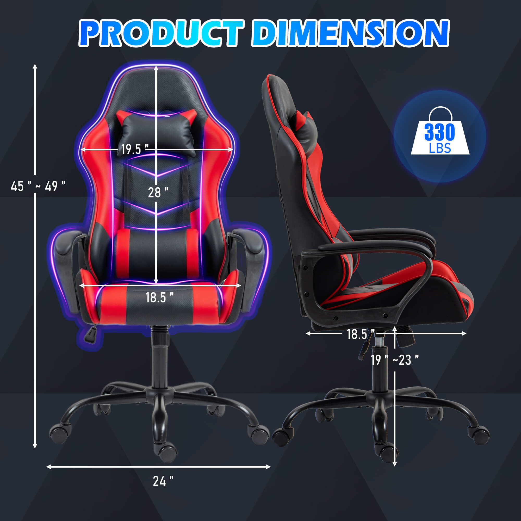 HOMREST Gaming Chair, Ergonomic Computer Gamer Chair with Massage Lumbar Support & Rocking High Back, Height Adjustable, Red