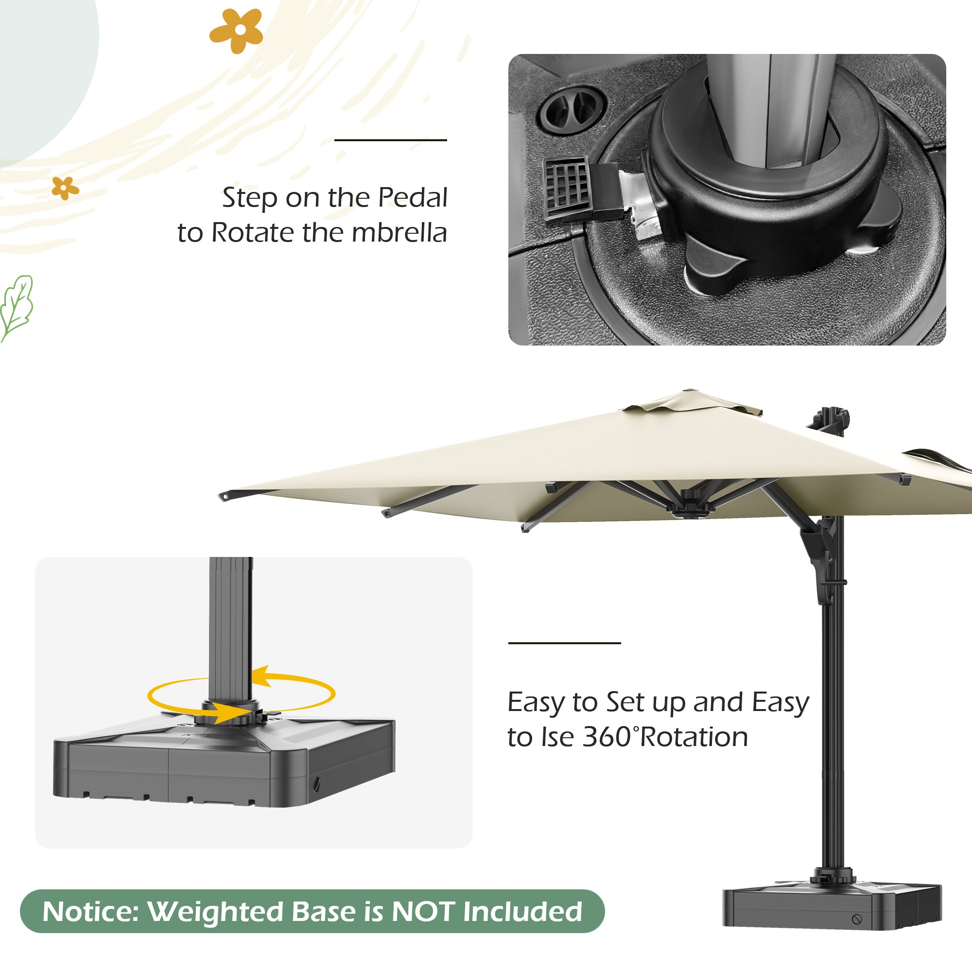 HOMREST 10x10ft Large Rectangular Cantilever Umbrella with 360° Rotation & 6 Adjustable Heights, Yellow (Base Excluded)