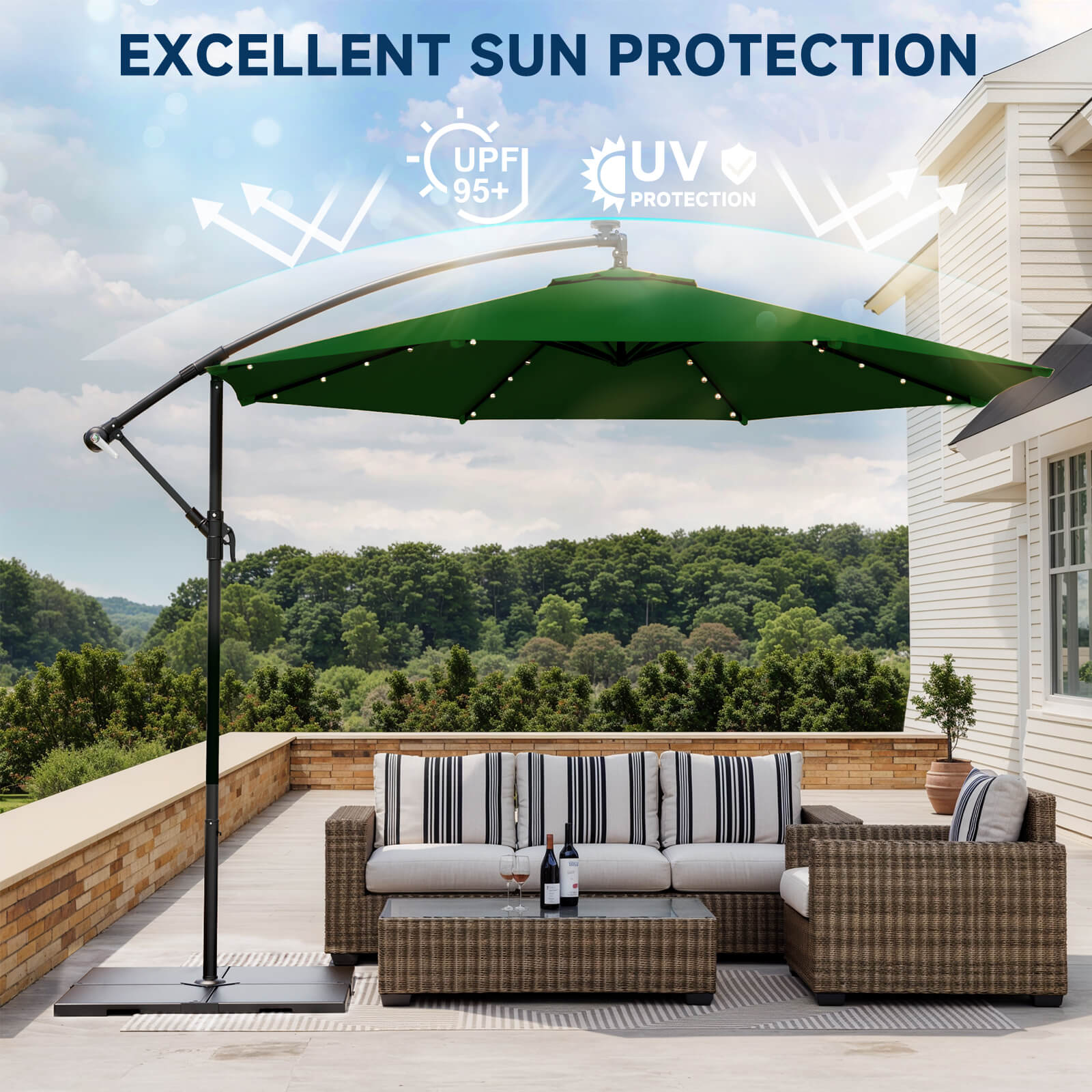 Homrest 10ft Solar Lighted Patio Umbrella, Infinite Tilt, Crank and Cross Base, Green