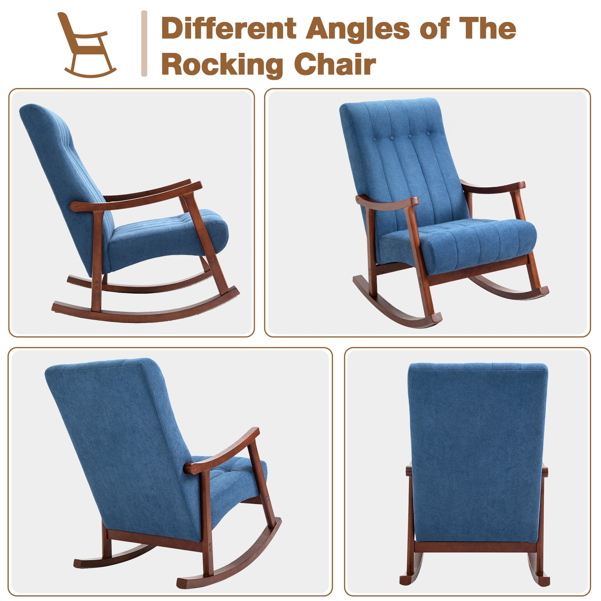 HOMREST Upholstered Rocking Chair with Fabric Padded Seat, Comfortable Rocker Solid Wood for Living Room, Modern High Back Armchair for Adult, (Blue)