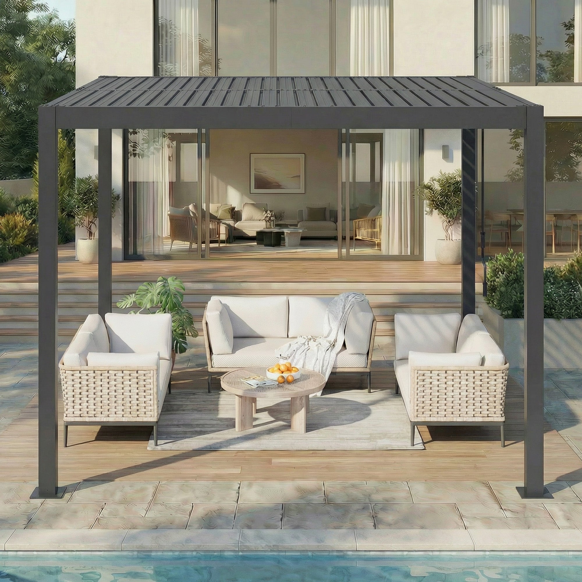 HOMREST 10' x 10' Outdoor Pergola with Adjustable Louvered Roof & Integrated Drainage, Heavy-Duty Metal Louvered Pergola for Patios, Black
