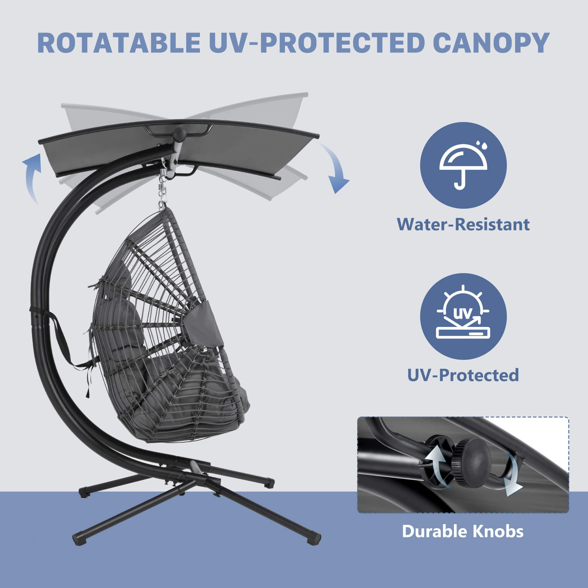 HOMREST Double Hanging Egg Chair with Stand, Wicker Loveseat Swing with Extra Cushion, Gray
