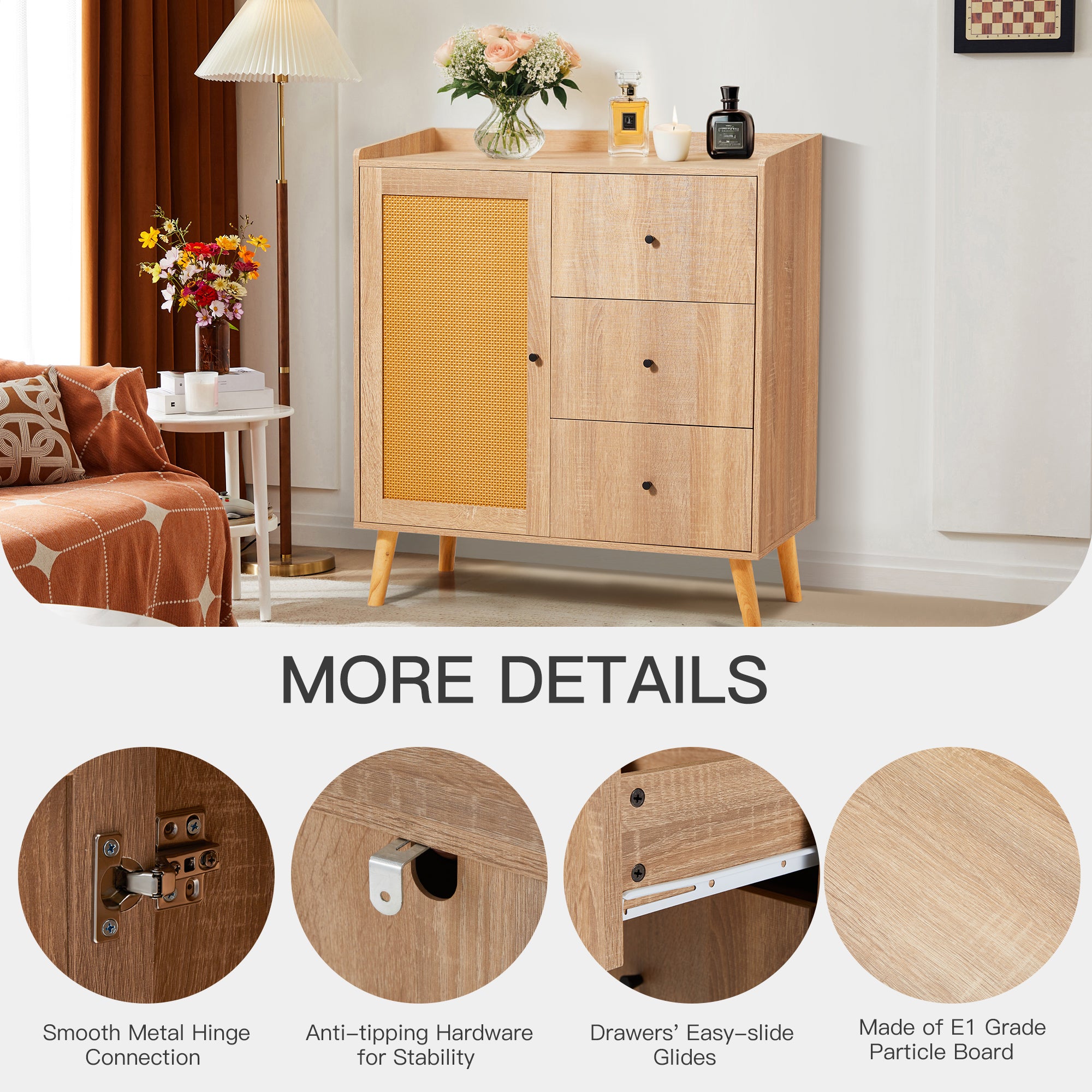 HOMREST Modern Cabinet with Rattan Door and 3 Drawers