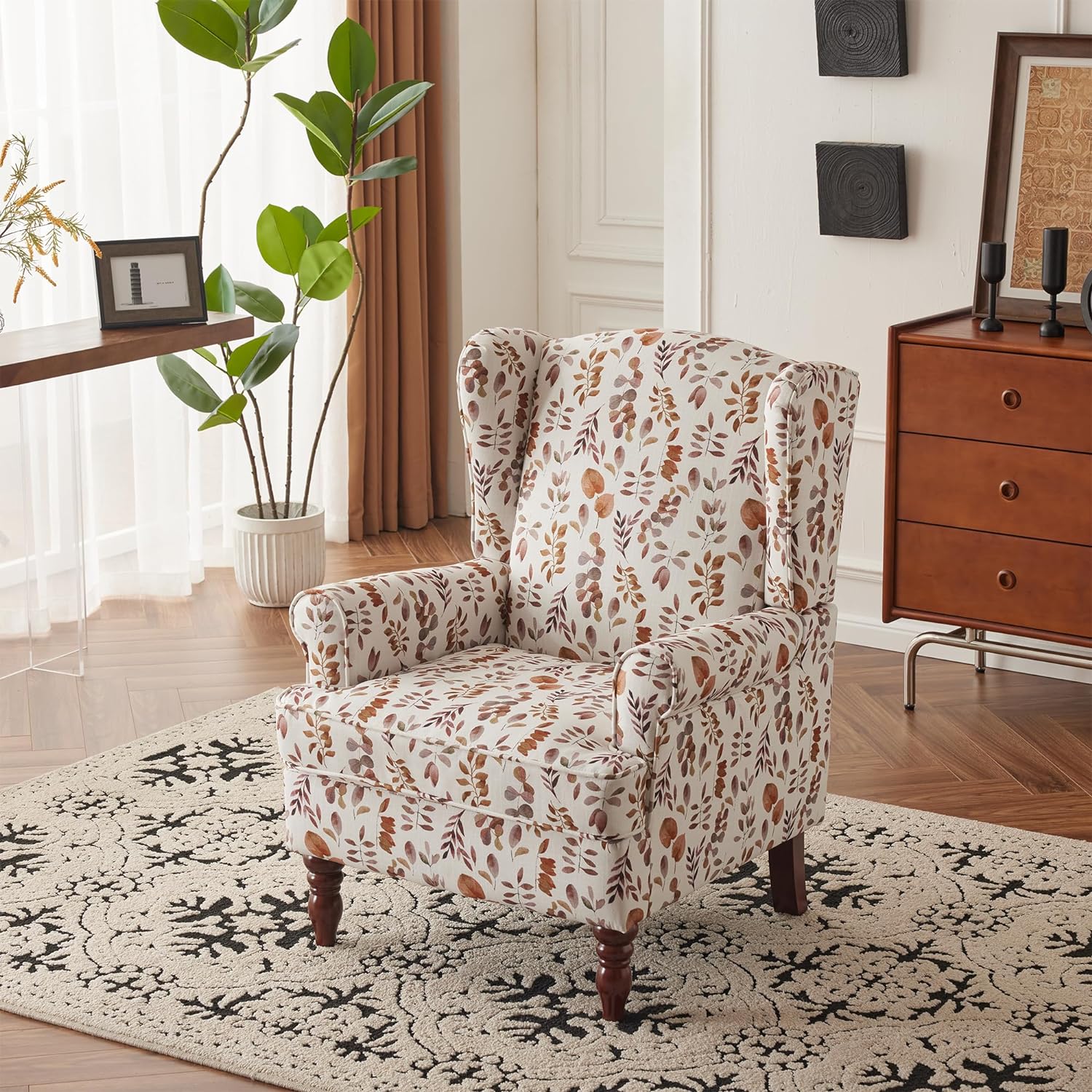 HOMREST Fabric Accent Chair, Modern Upholstered Armchair, Orange Leaves