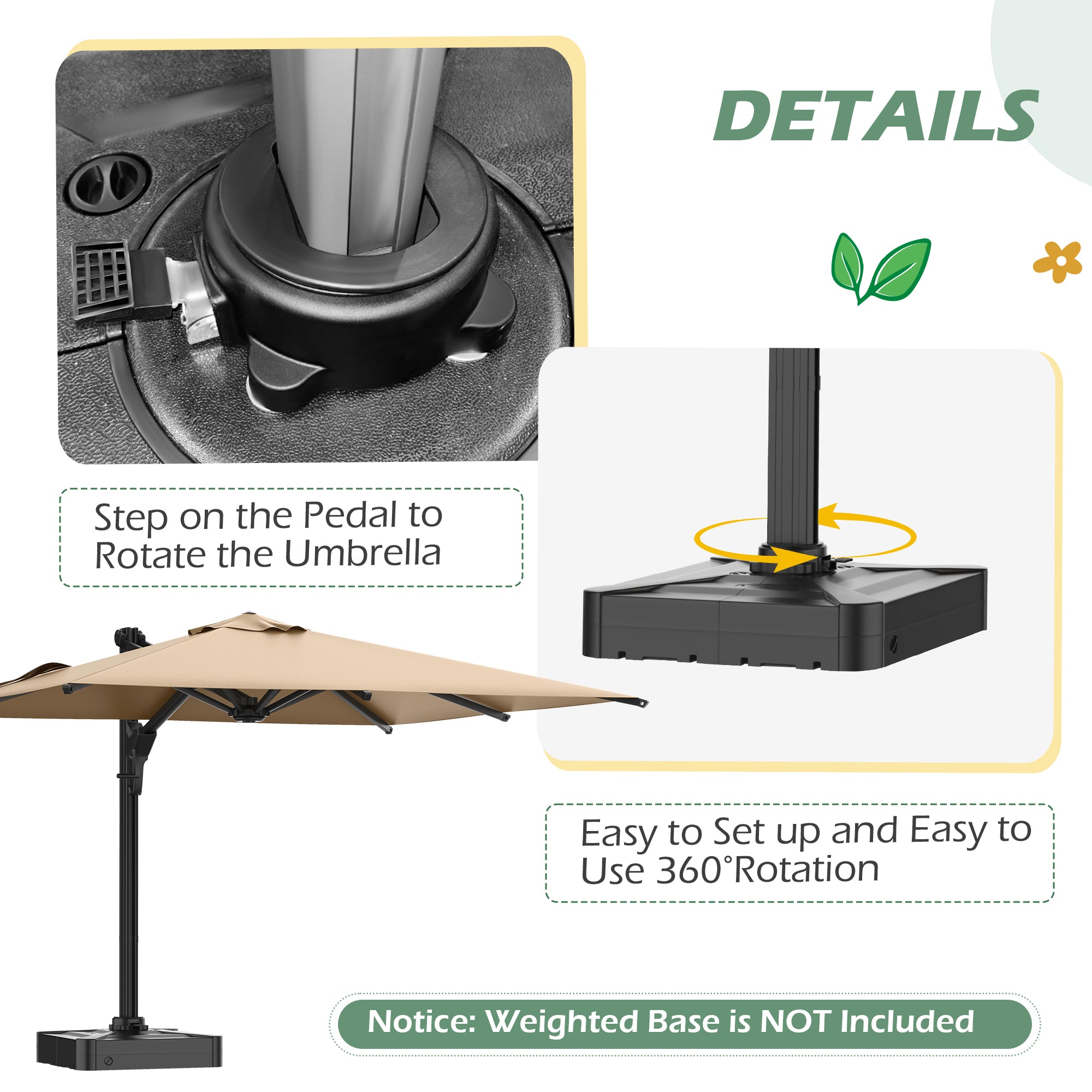 HOMREST 10x13ft Large Rectangular Cantilever Umbrella with 360° Rotation & 6 Adjustable Heights, Outdoor Patio Umbrella for Garden, Pool, Deck, Brown (Base Excluded)