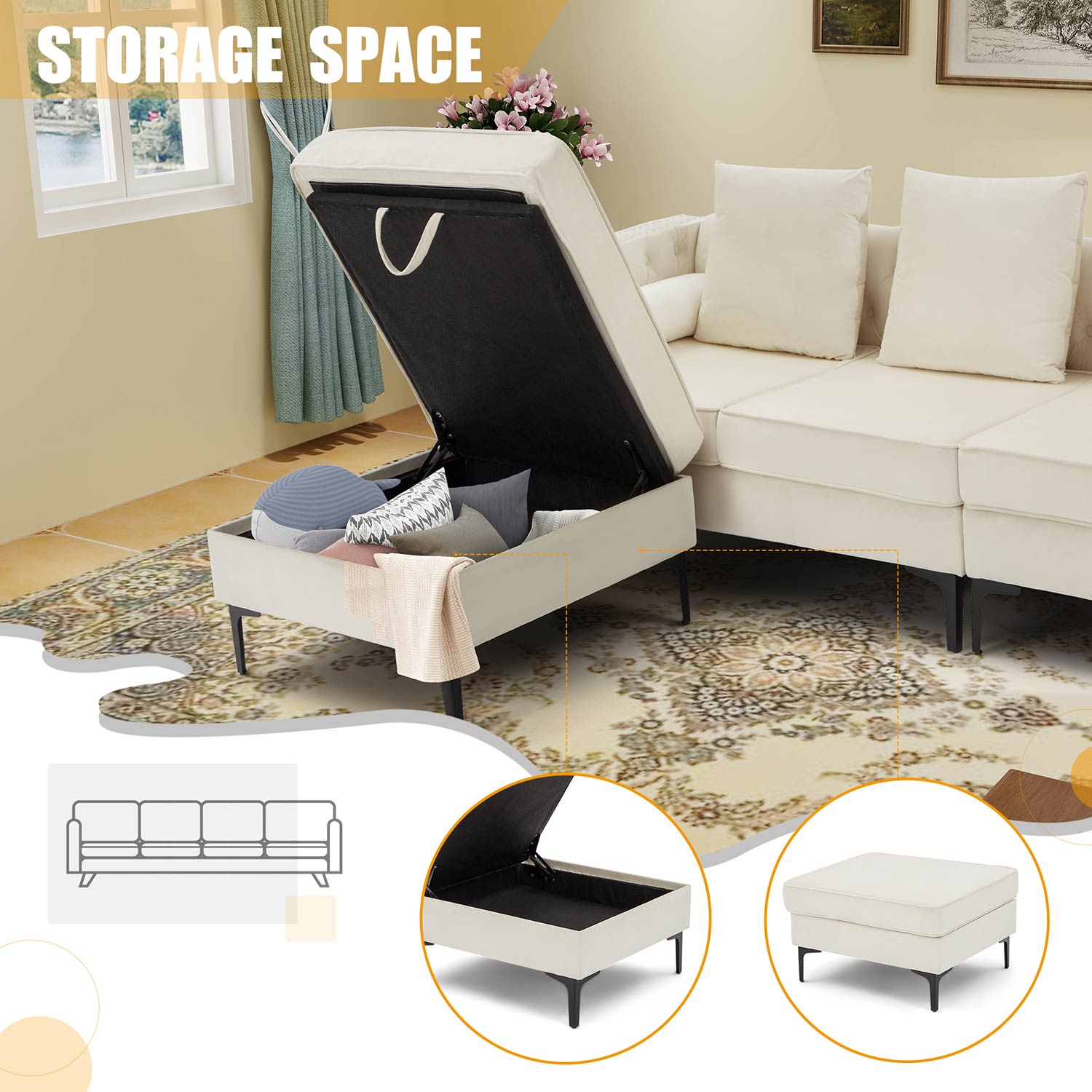 Living room sectional sofa unit with storage ottoman, white | Homrest furniture